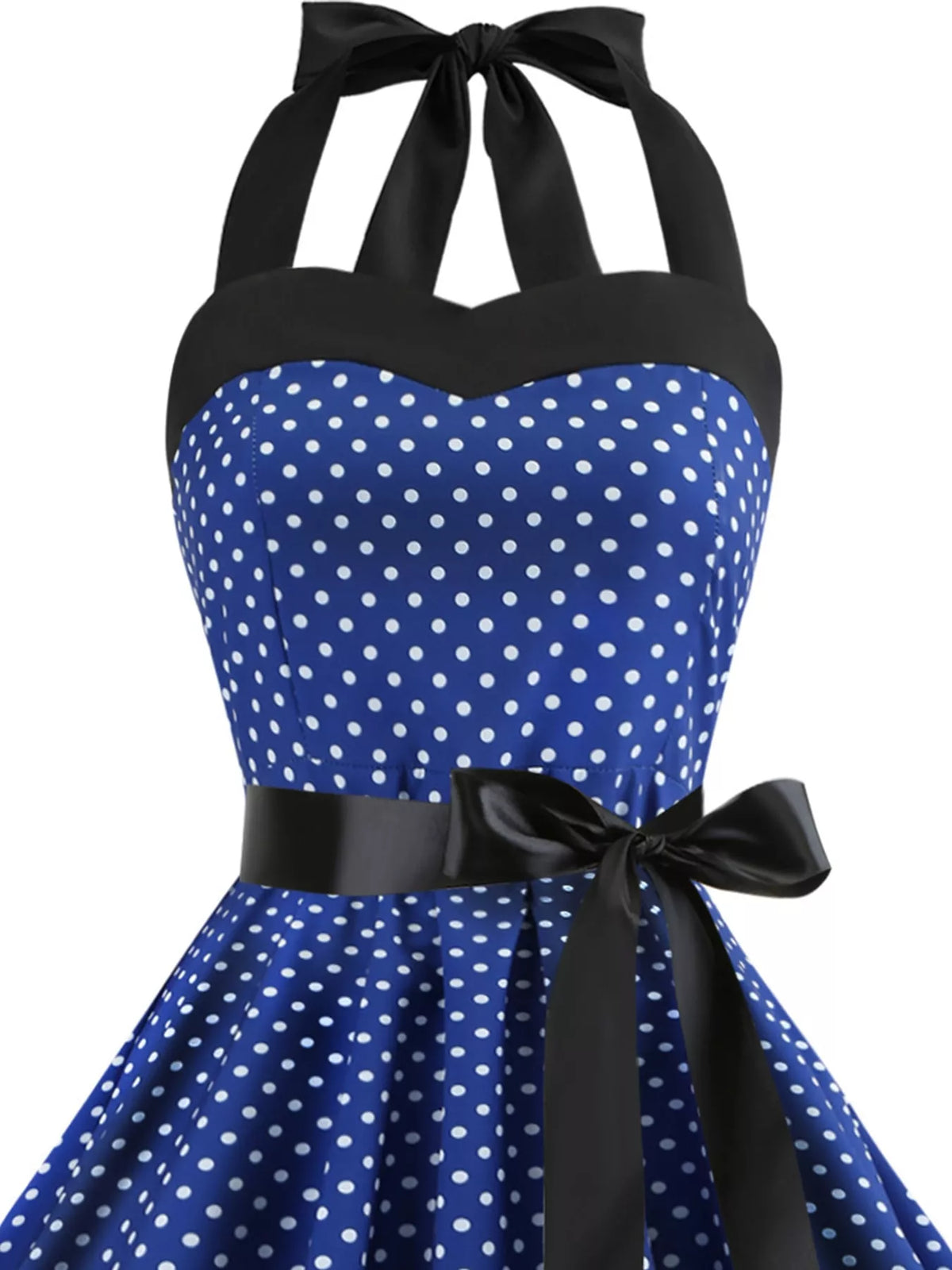 Halter neck sleeveless knee dress, construction and design details