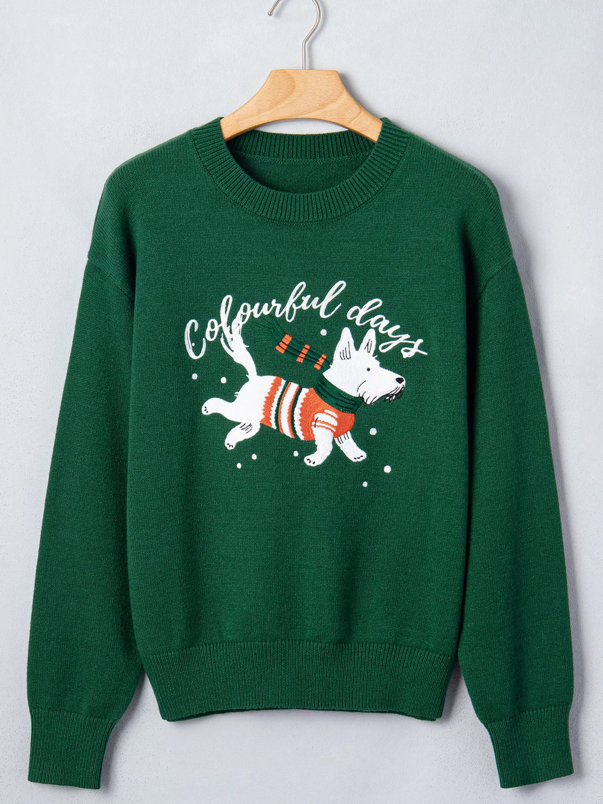 Dark Green abstract dog embroidery christmas round neck sweater