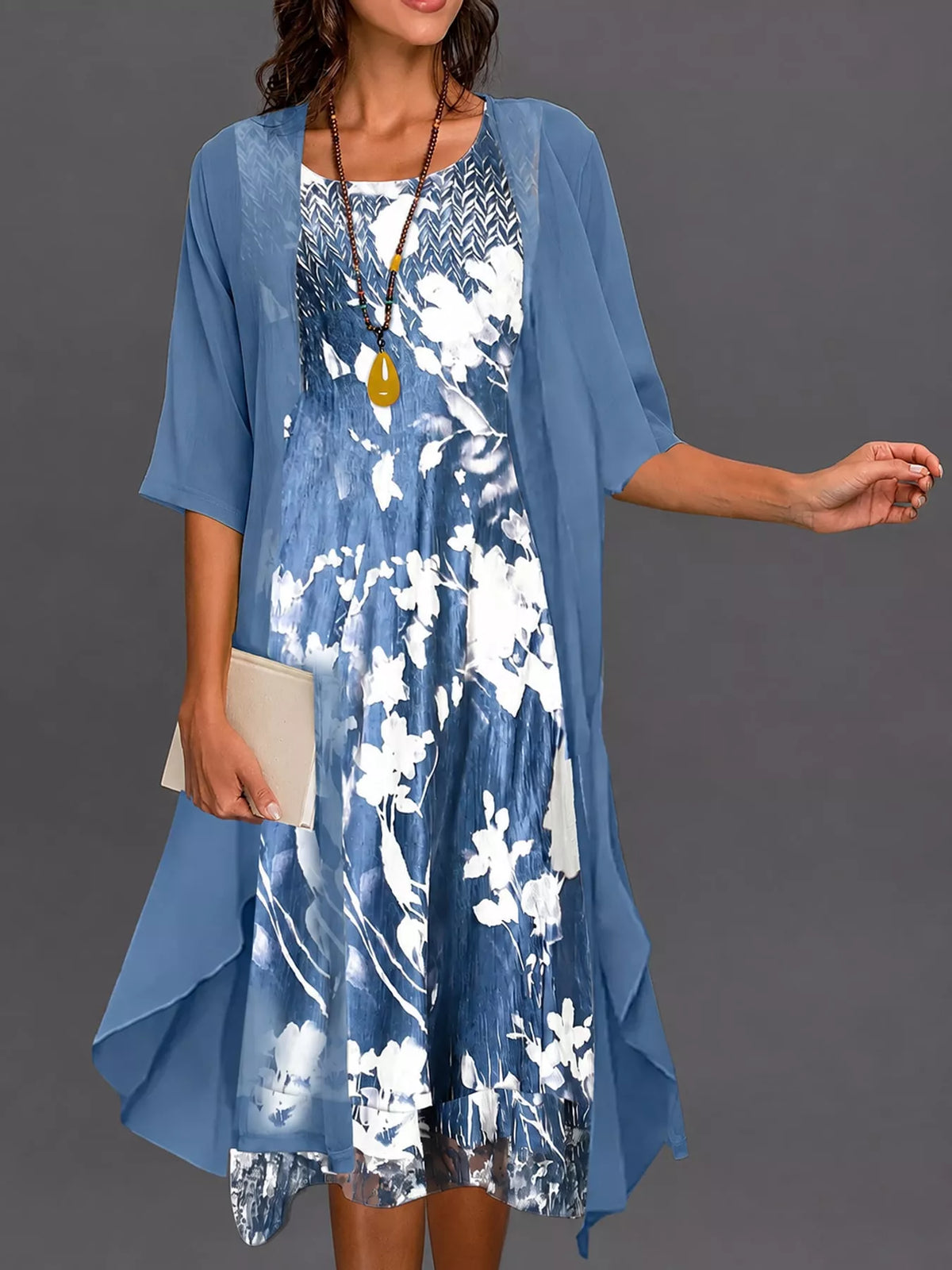 Floral dress and cardigan set, blue front