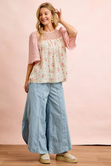 Trendsi BiBi Crinkle Floral Gauze Mix And Matched Blouse Top -