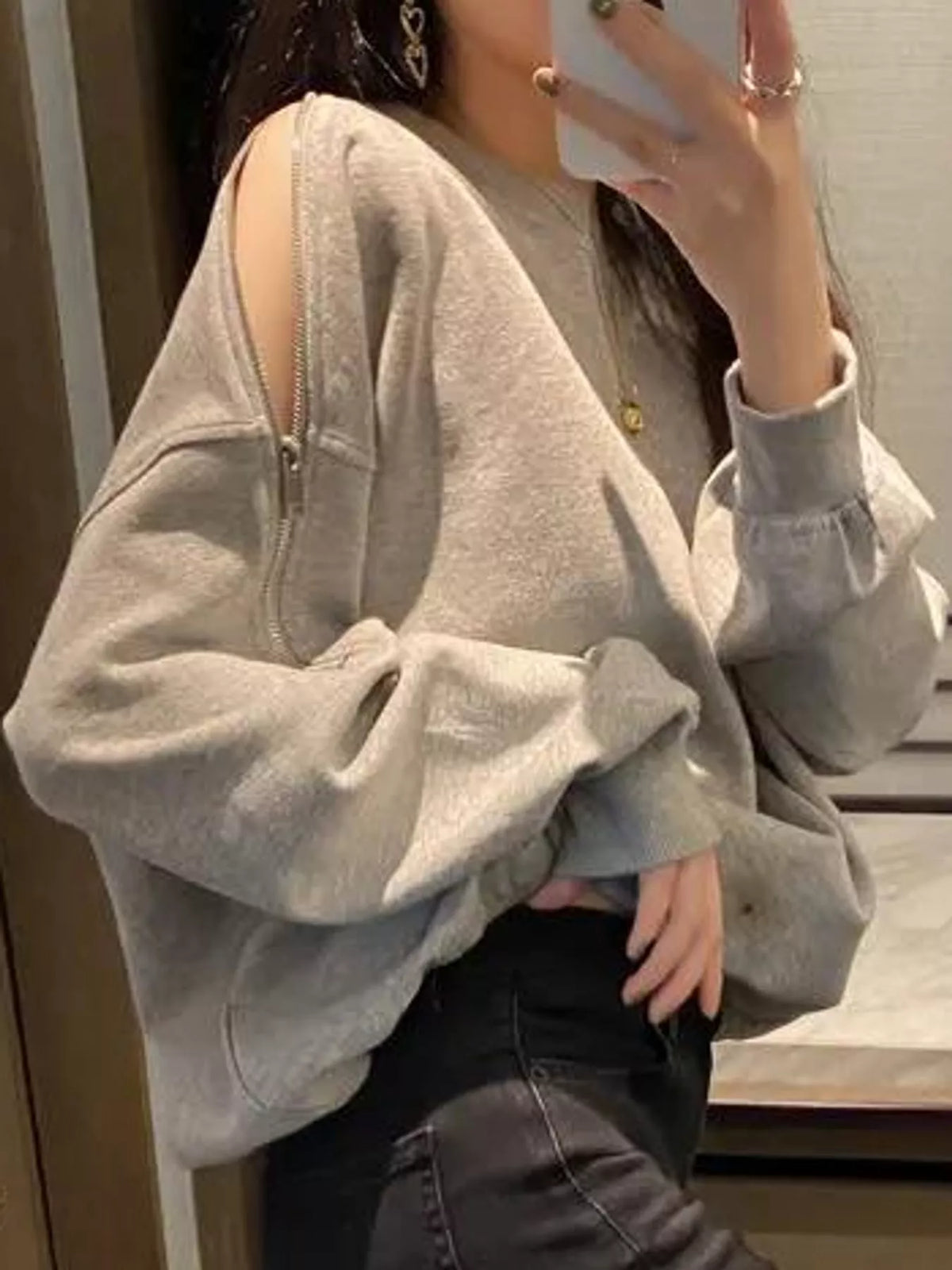 Women's Cold-Shoulder Zipper Detail Sweatshirt in gray — side view