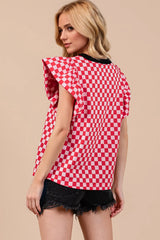 Trendsi Oh Checkered Round Neck Puff Sleeve Blouse -