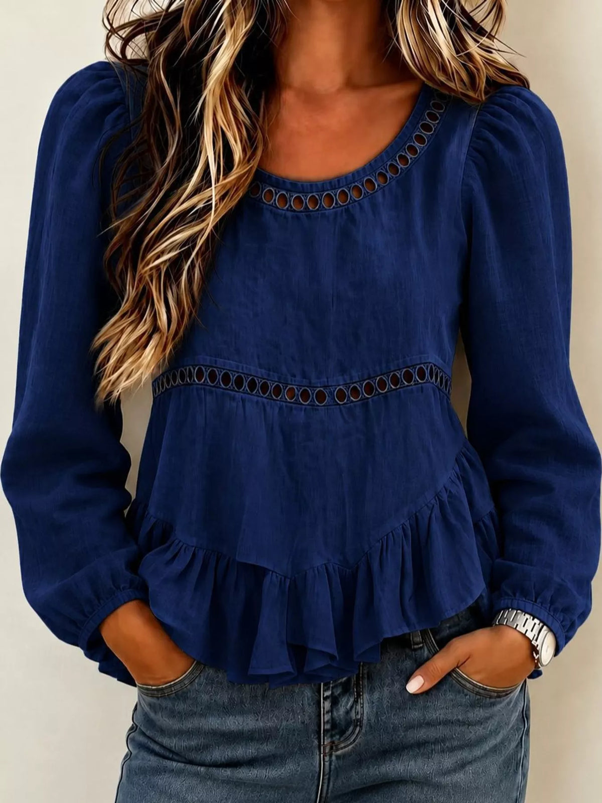 Women's Long Sleeve Blouse with Eyelet Lace Trim and Ruffled Hem in navy — front view