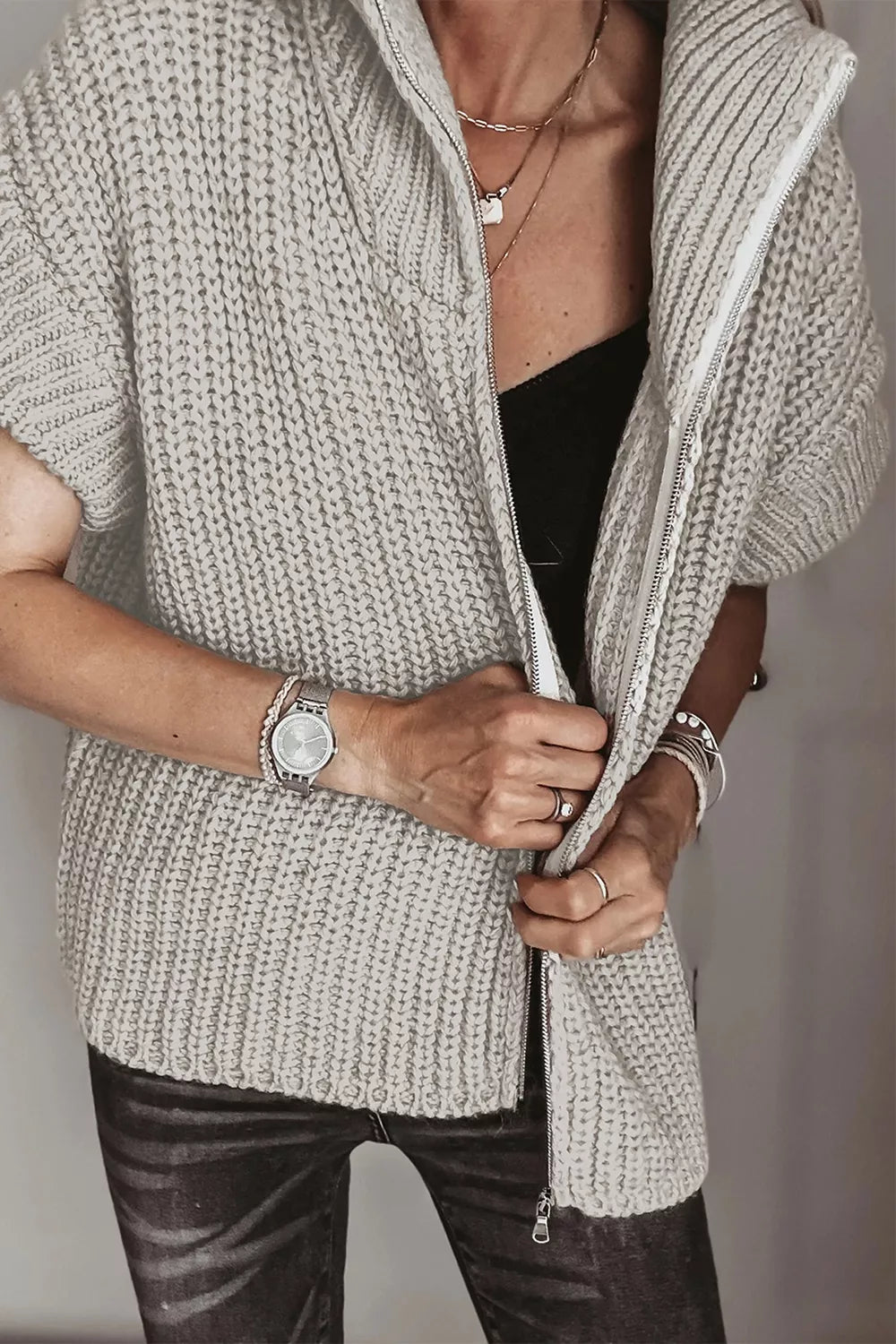 Trendsi Solid Color Short Sleeve Zipper Knit High Neck Sweater -