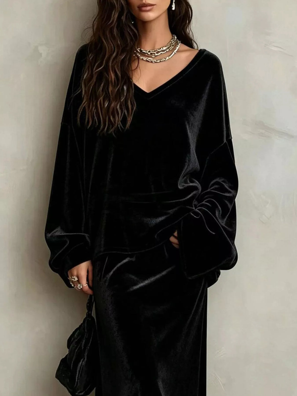 V-Neck Velvet Long Sleeve Top and Maxi Skirt Two-Piece Set in black, top detail