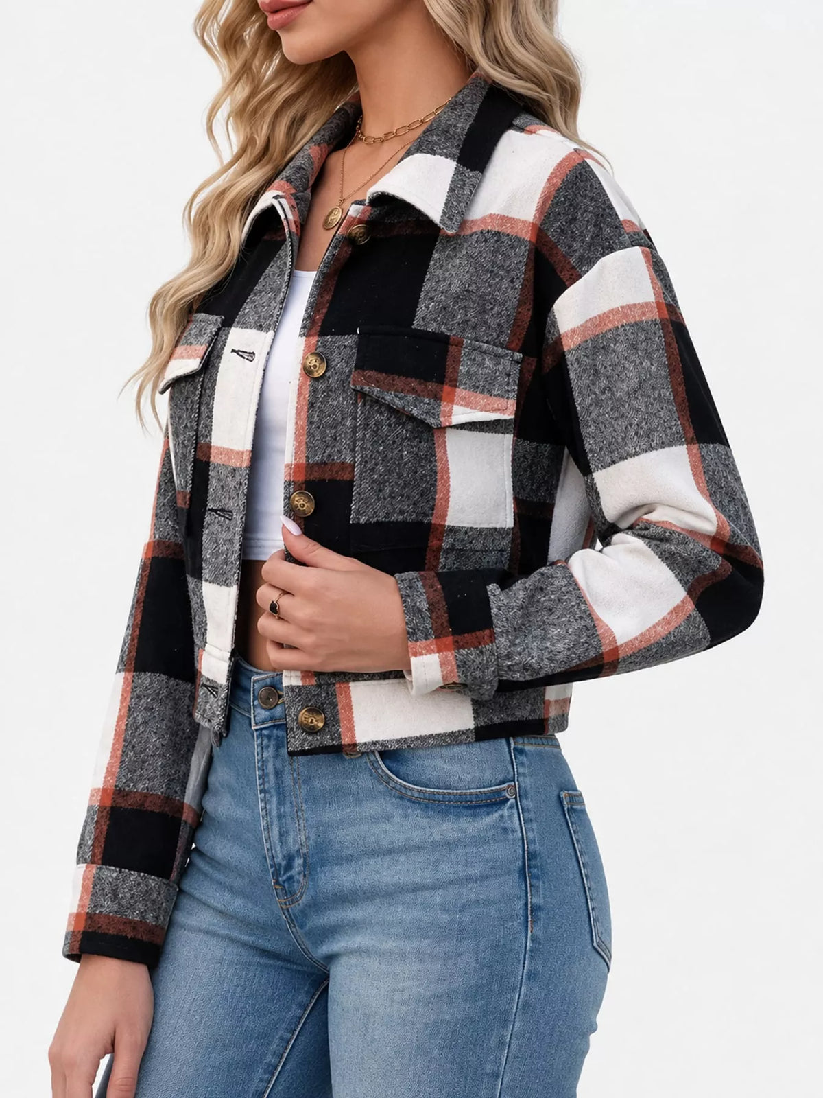 Plaid cropped jacket, black plaid side