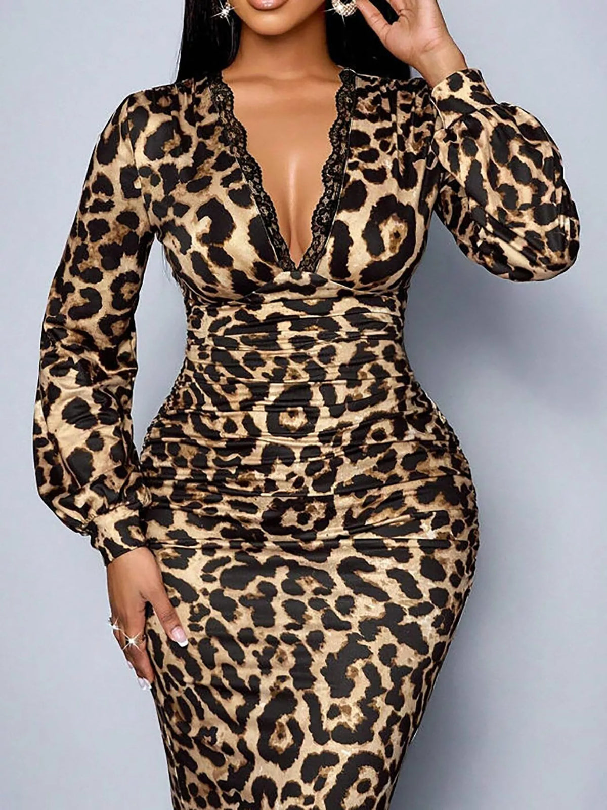Women's Lace Detail V-Neck Bodycon Midi Dress in tan leopard — front view