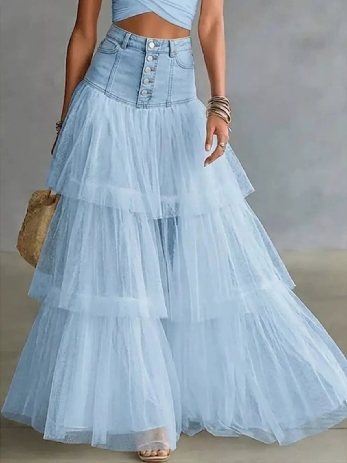 Trendsi High-Waisted Button-Front Denim and Tulle Maxi Skirt -
