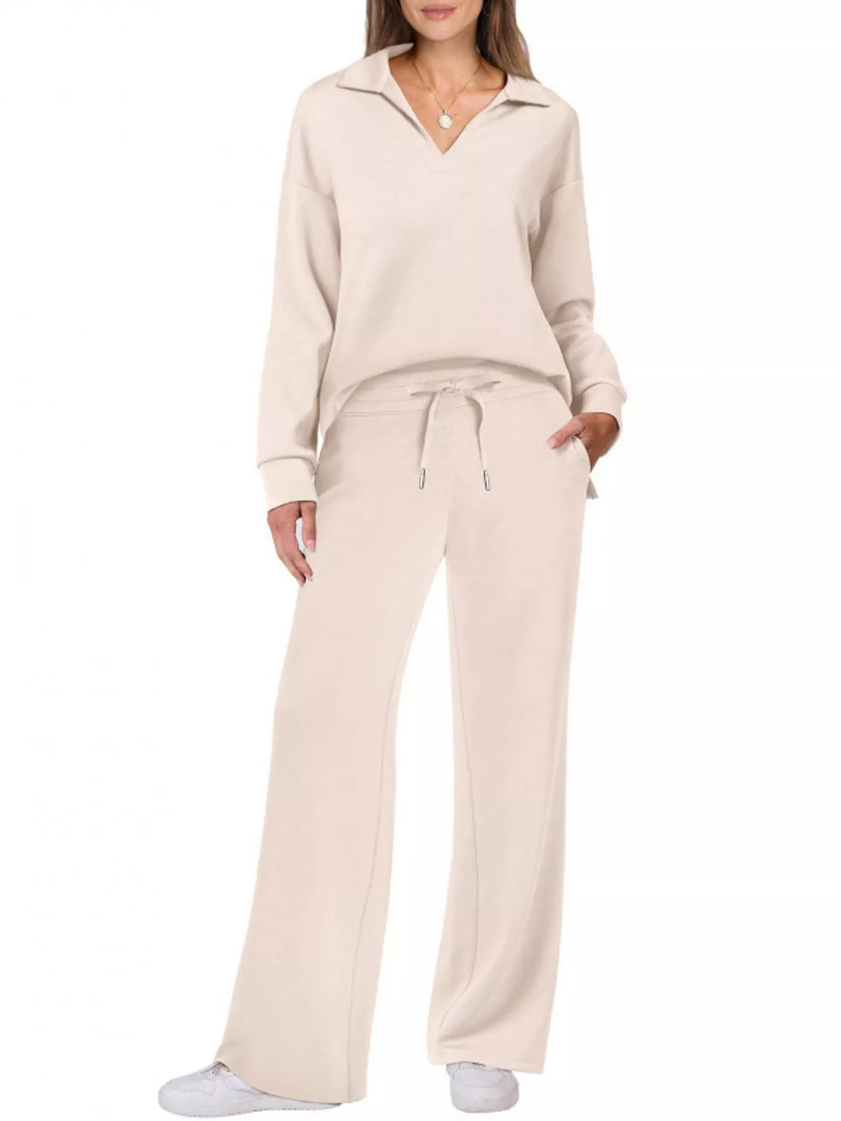 Top and drawstring pants set, beige front