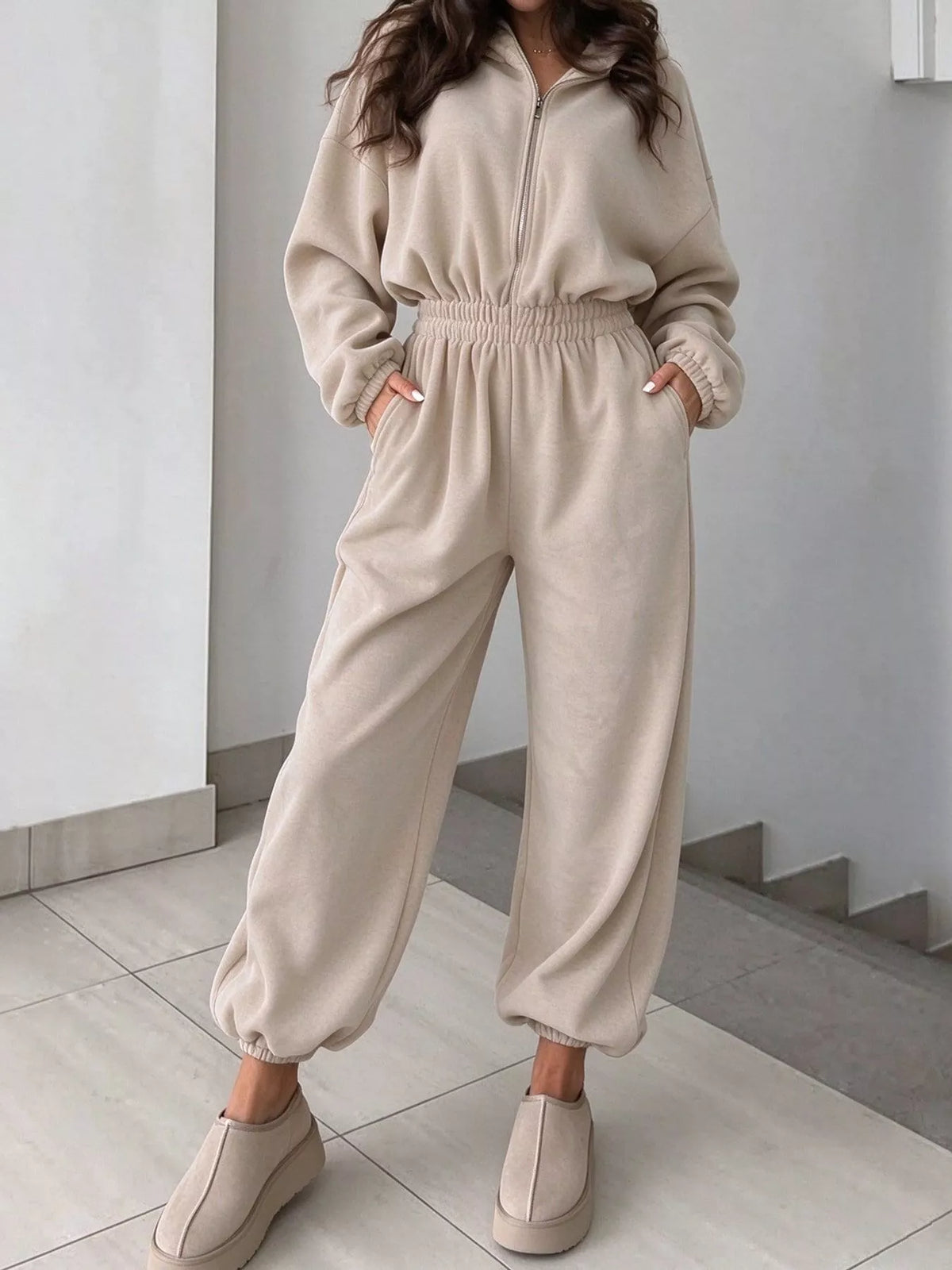 Zip Front Long Sleeve Jumpsuit — front view