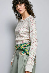 Trendsi POL Ribbed Knit Floral Crew Neck Long Sleeve Top - Shirts