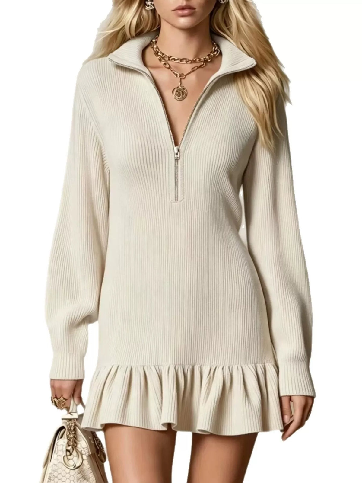 Half Zip Ruffled Hem Dress, front view