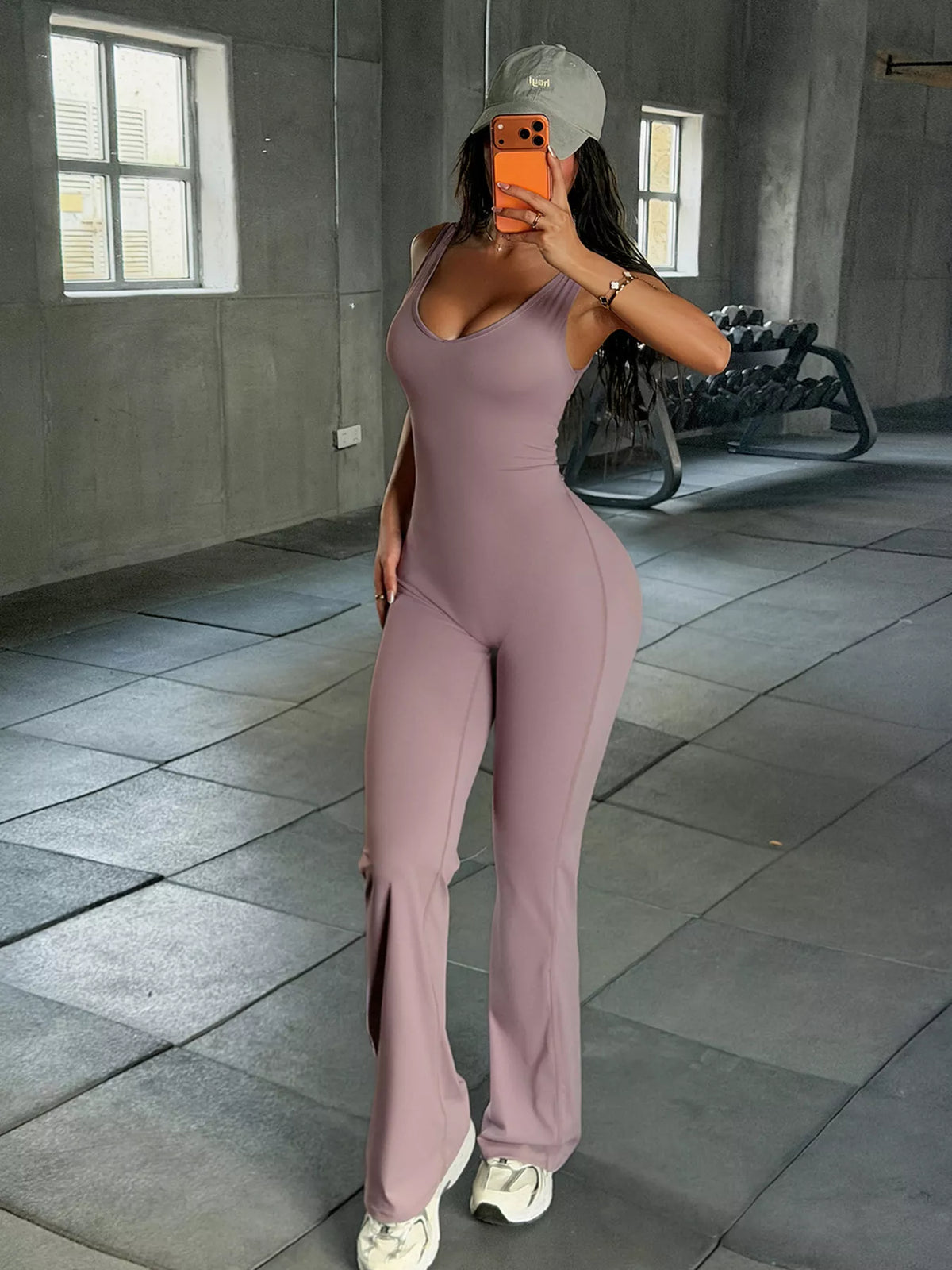 Sleeveless Active Jumpsuit with Flared Leg Design, front view
