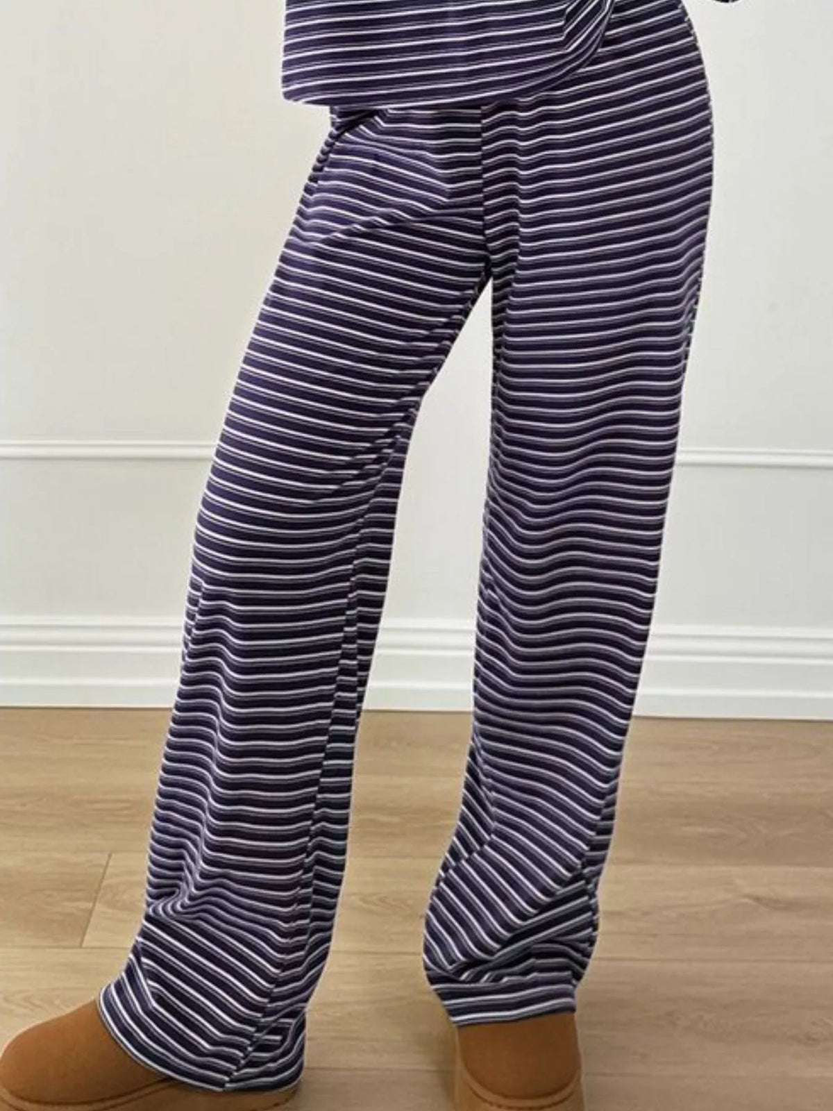 Striped Polo Top and Wide-Leg Pants Set, pants detail