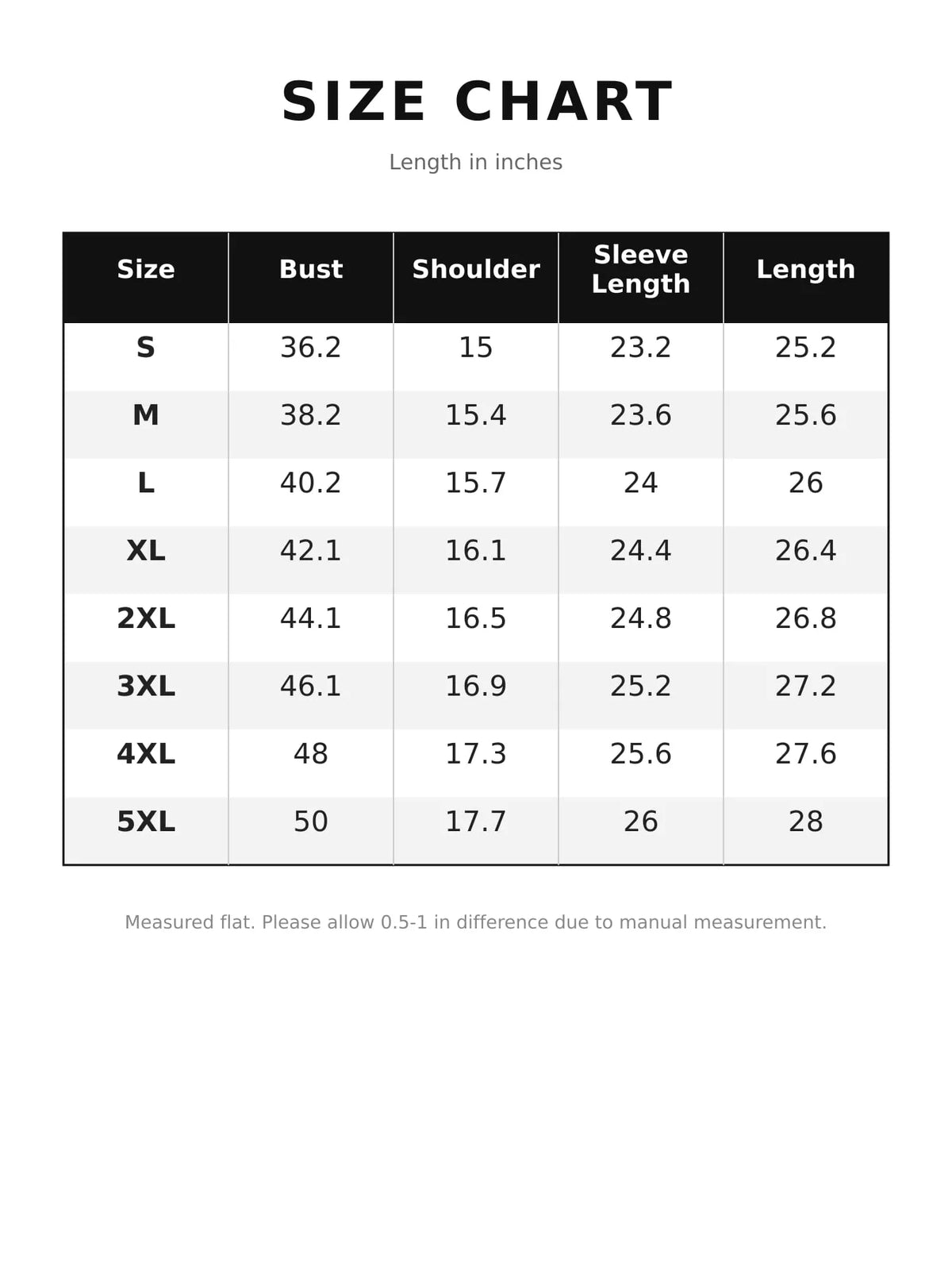 Button-Down Long Sleeve Shirt — size and measurement chart