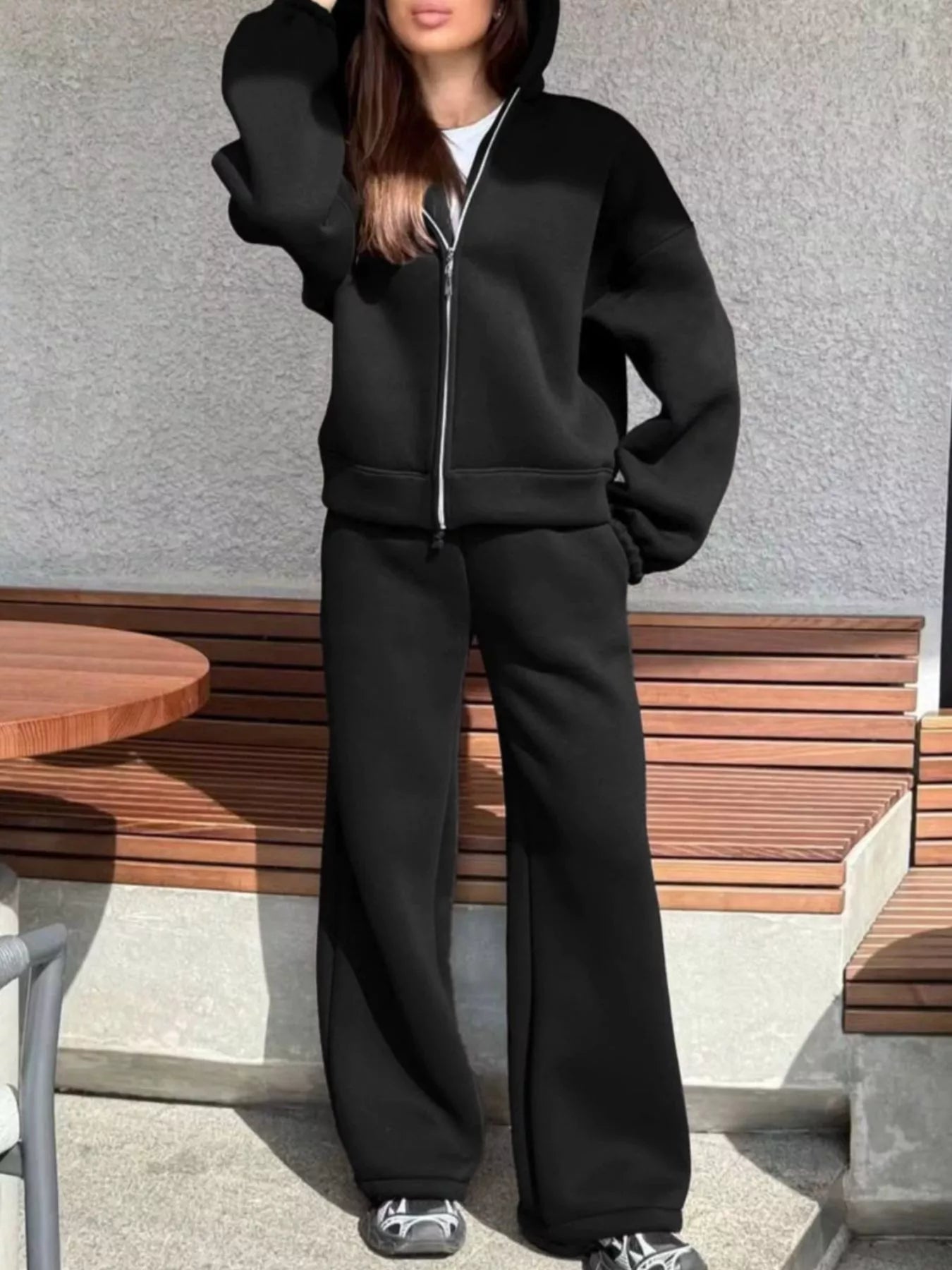 Trendsi Zip-Up Hoodie and Wide-Leg Sweatpants Set -