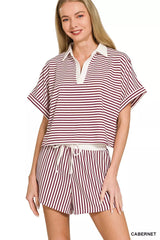 Trendsi Zenana Striped Collared Top & Shorts Set -
