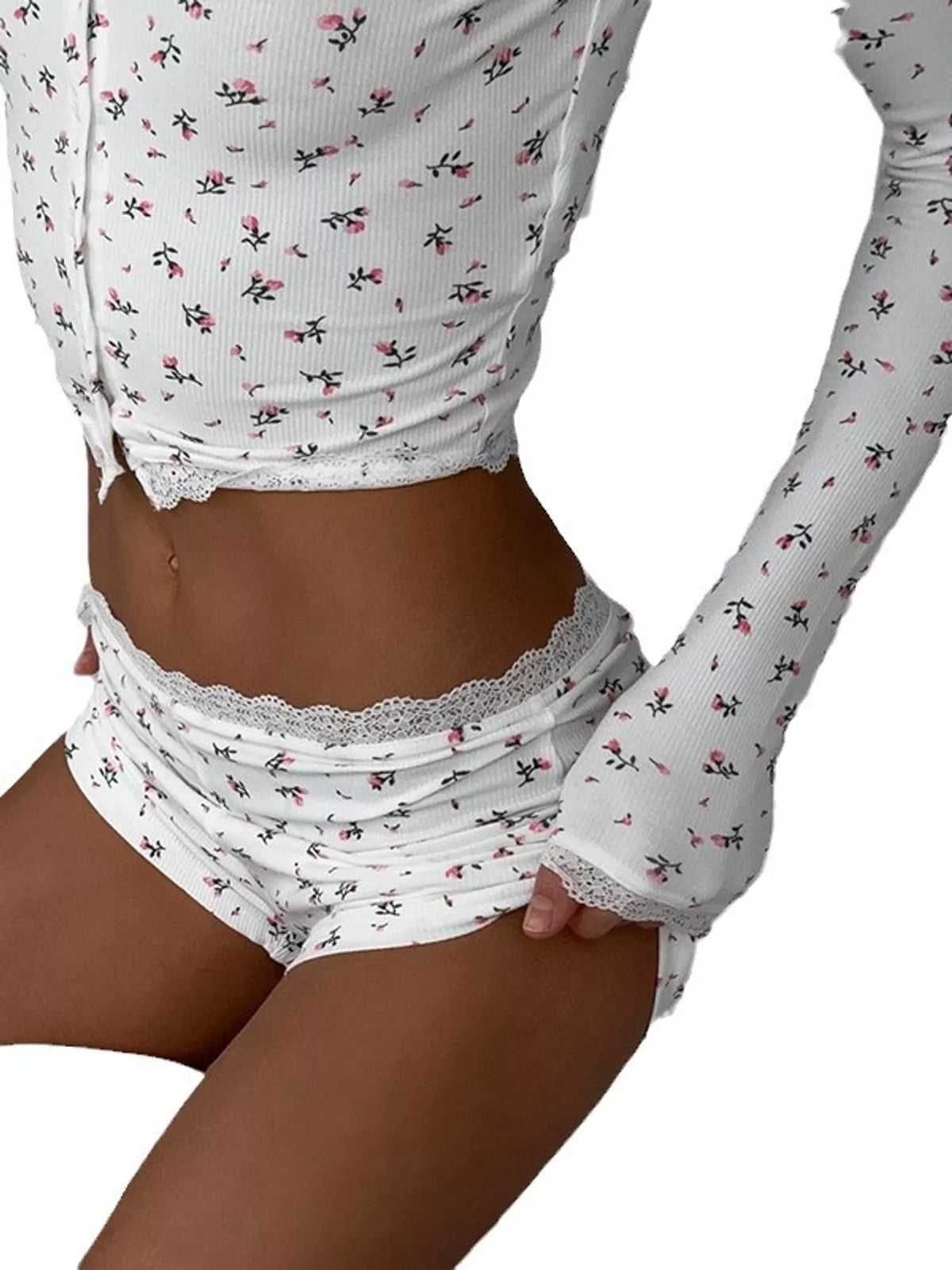 Lace Detail Floral Top and Shorts Lounge Set, detail view in white