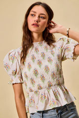 Trendsi SO ME Floral Cotton Smocked Short Sleeves Blouse -