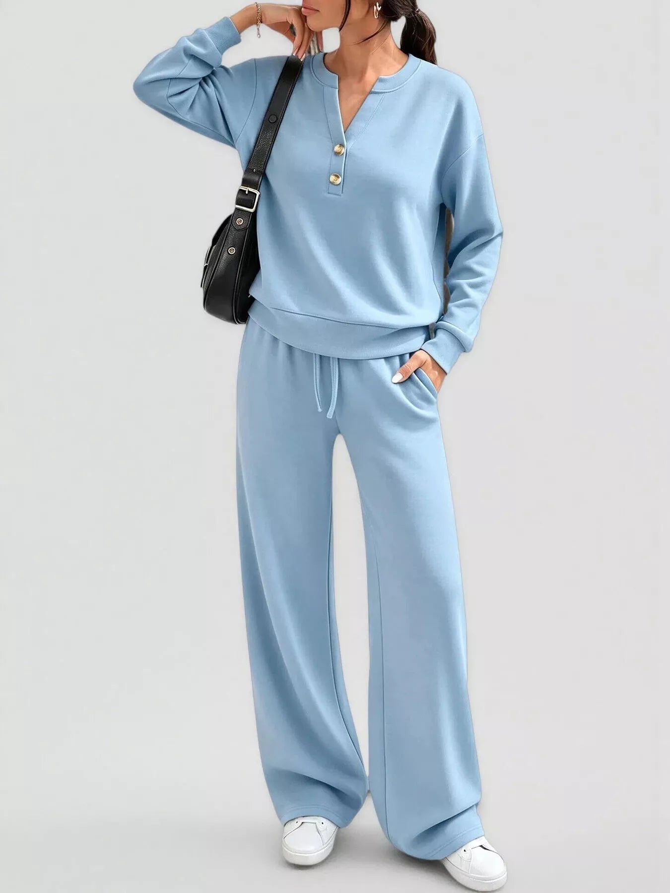 Button-detail dropped-shoulder top and pants set
