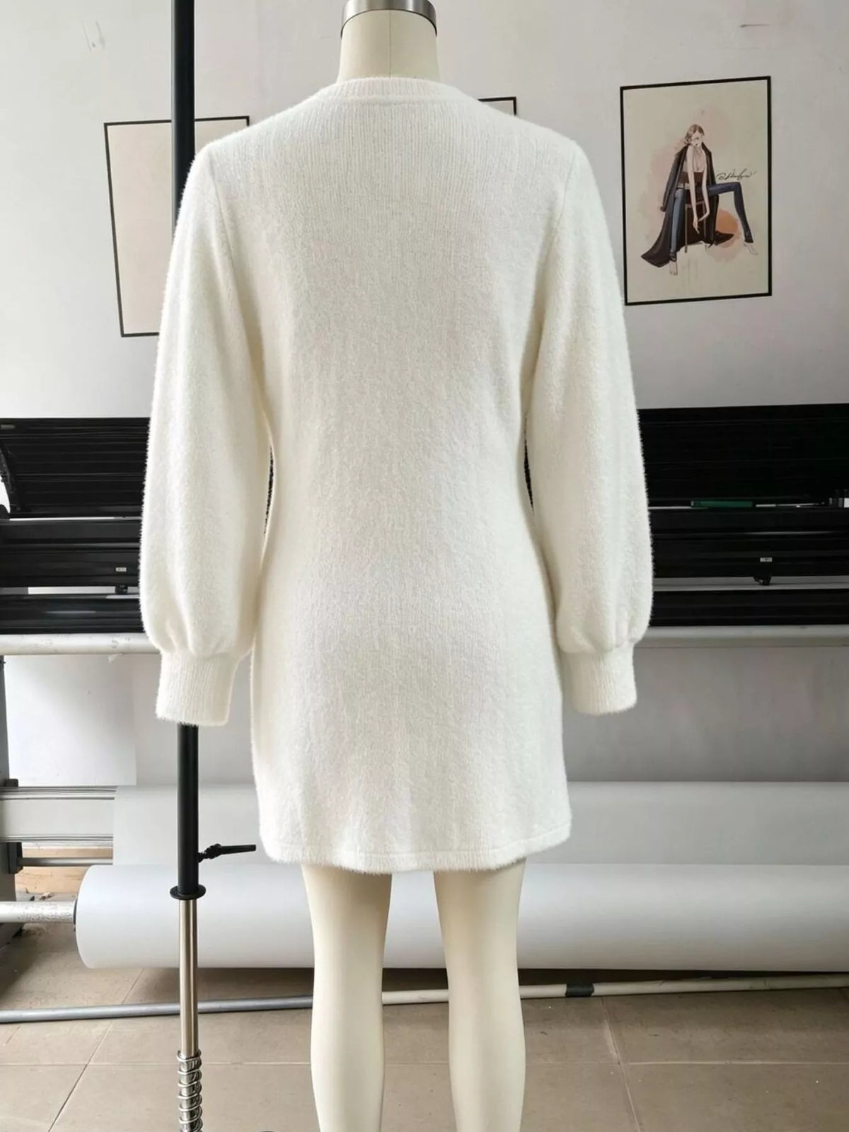 Fuzzy sweater dress, white mannequin back