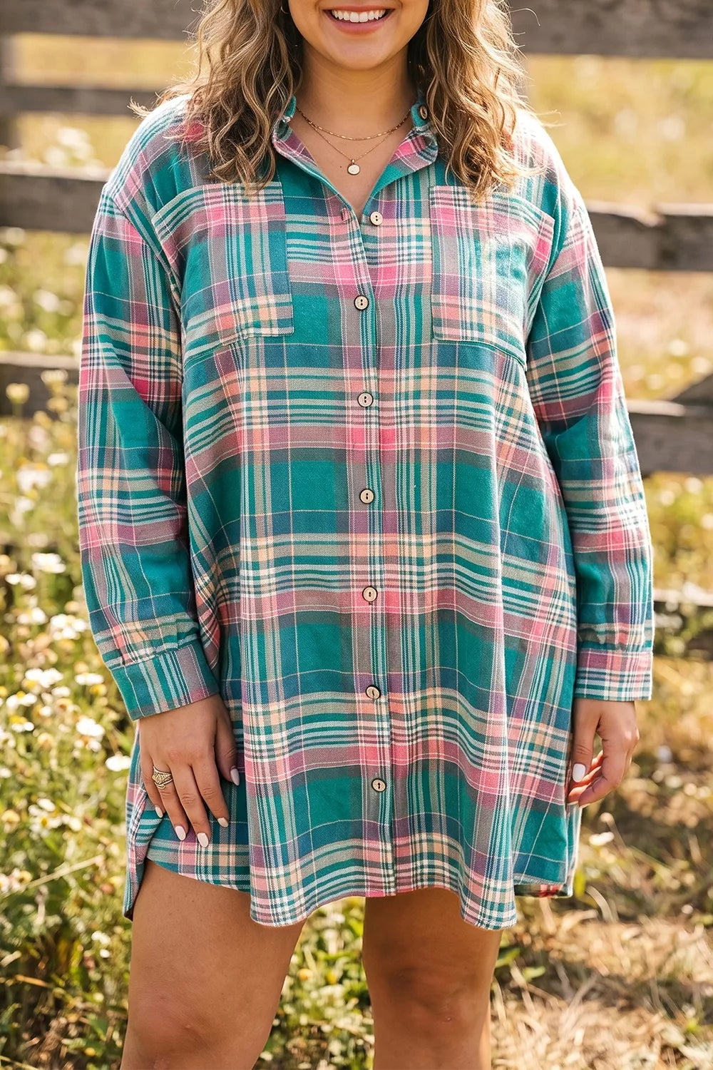 Trendsi Plus Size Plaid Button-Up Shift Long Sleeve Dress -