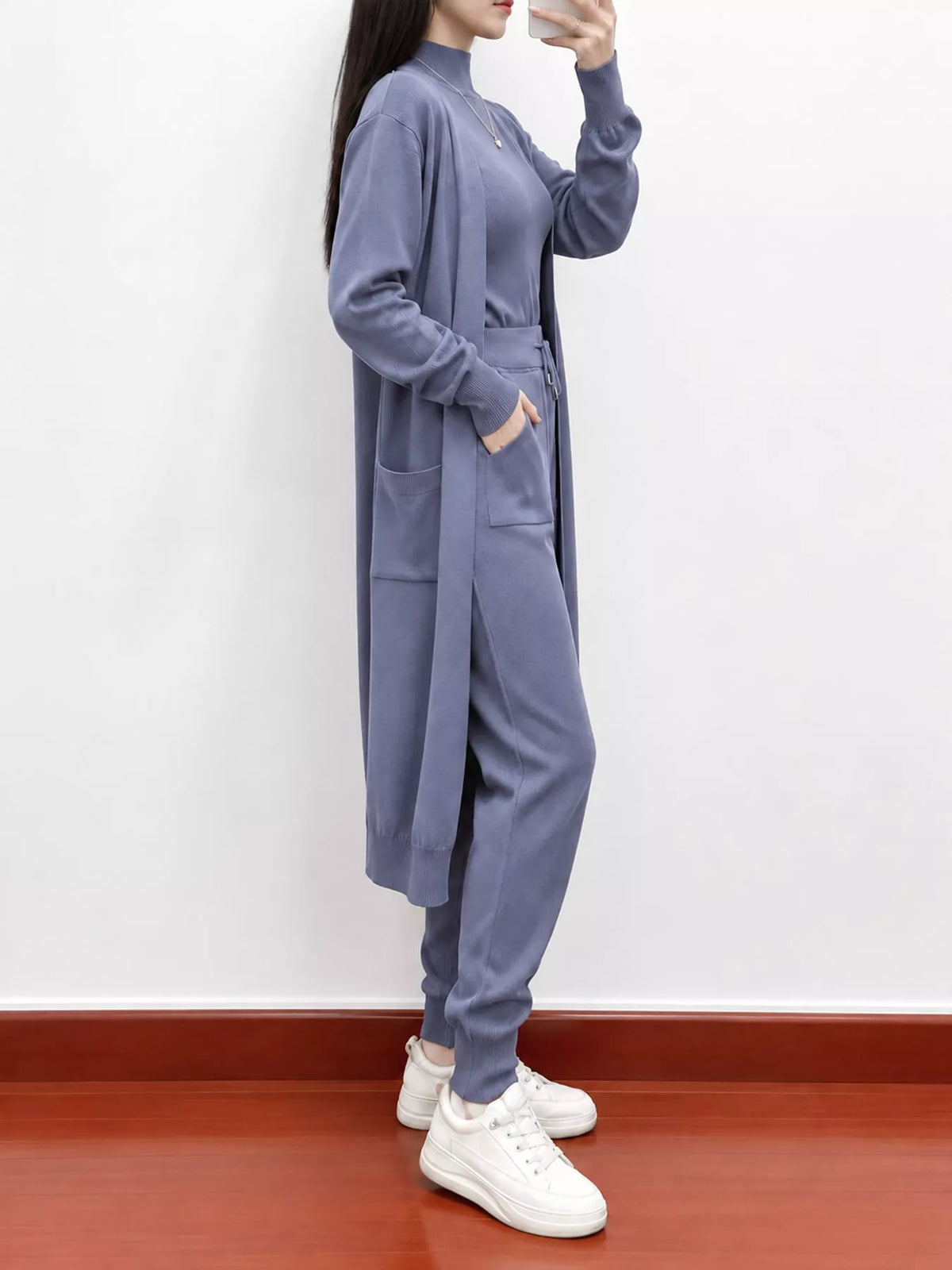 Sleeveless Top and Drawstring Joggers Sweater Set with Long Cardigan — side view