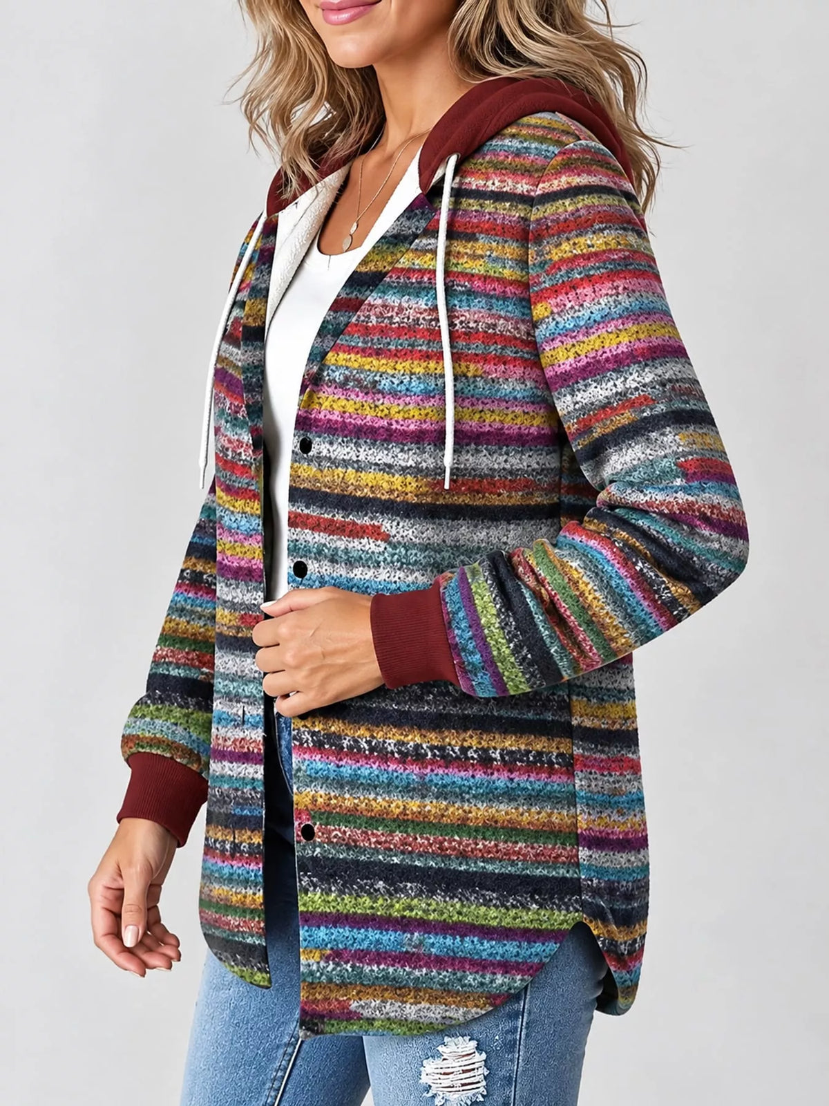 Button-Down Printed Contrast Hooded Shacket — side view