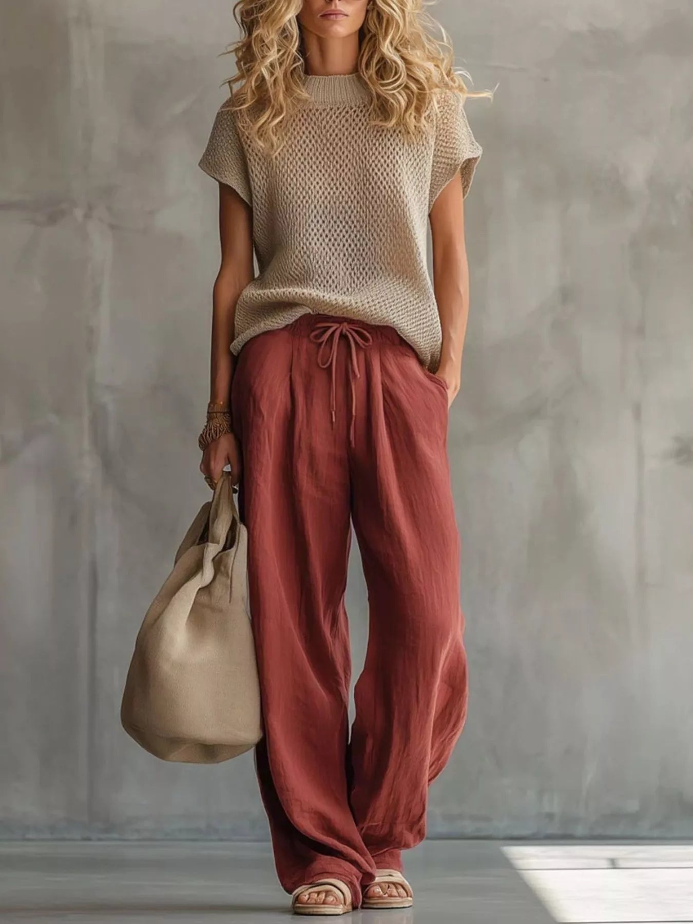 Trendsi Openwork Knit Top and Wide-Leg Pant Set -