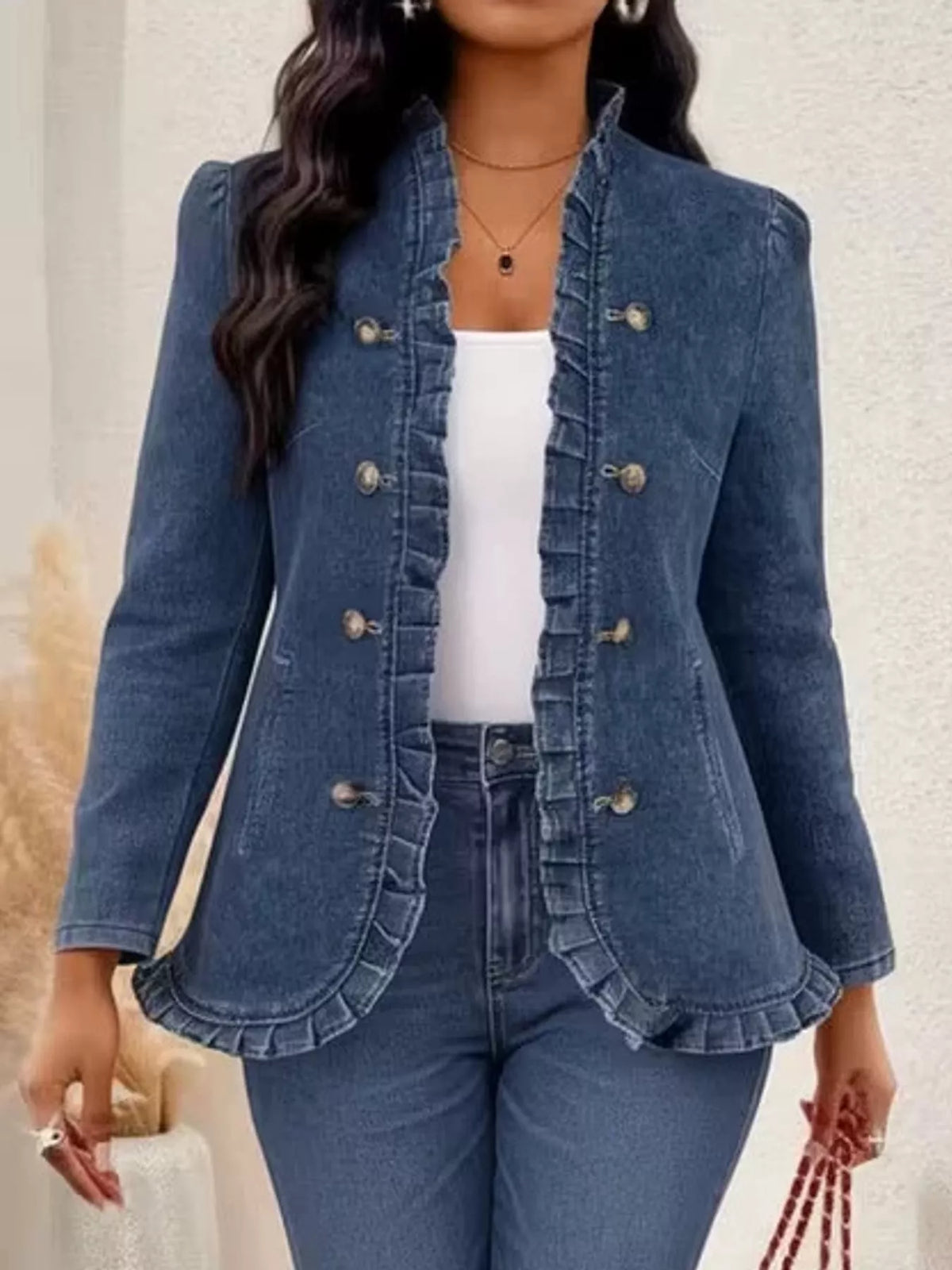 Ruffle Trim Double-Breasted Denim Jacket — front view