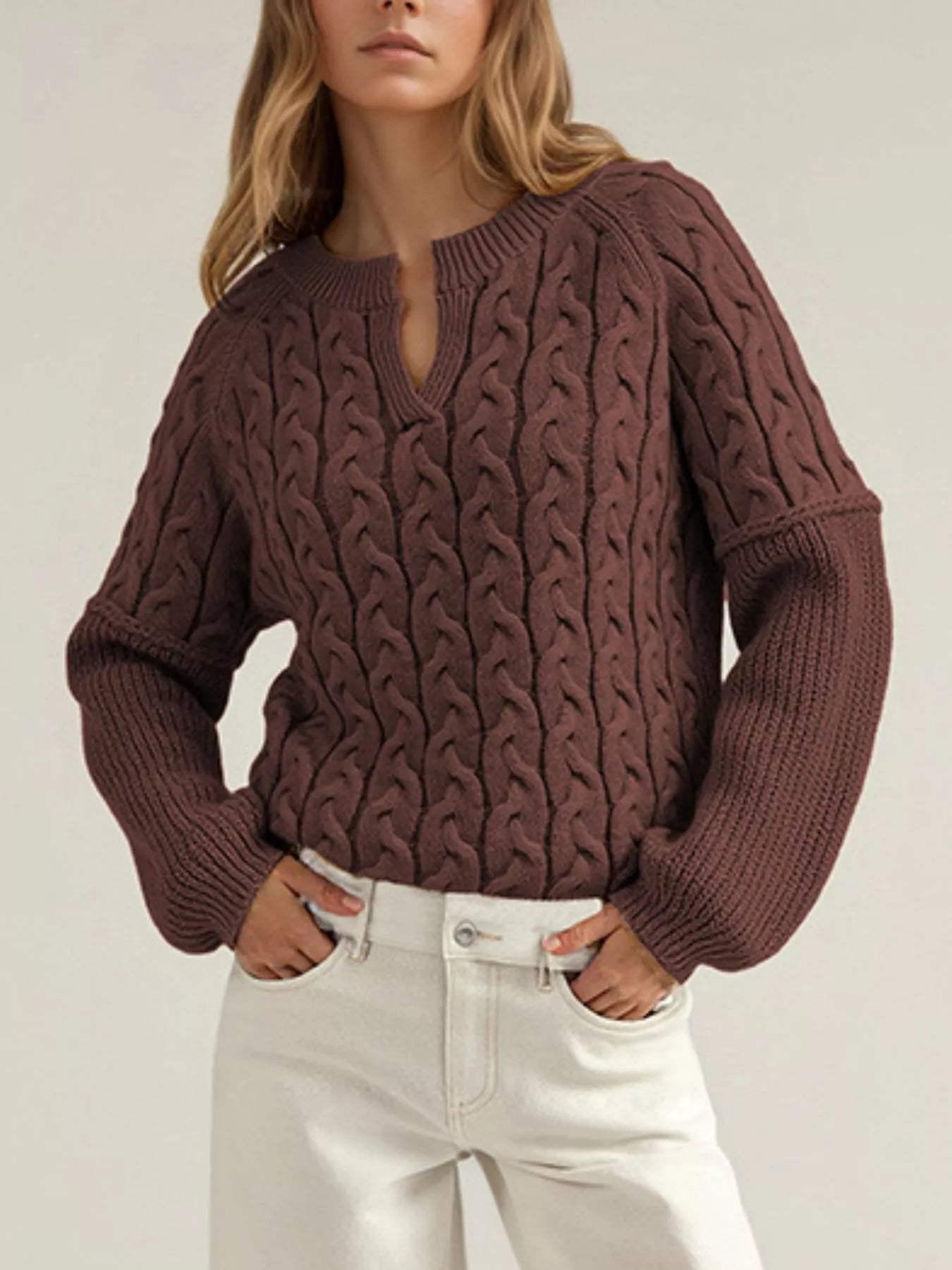 Trendsi Cable-Knit Dropped Shoulder Sweater -