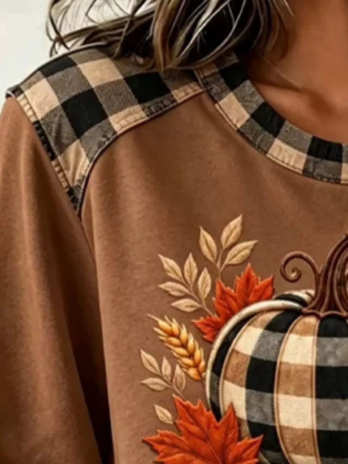 Brown pumpkin-patchwork sweatshirt, neckline and graphic detail