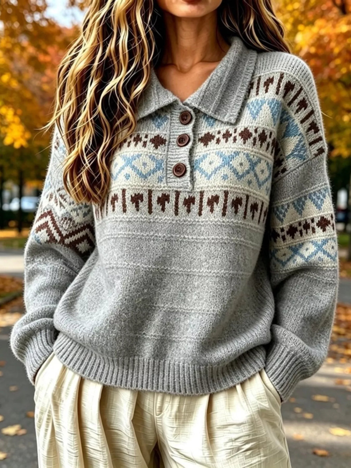 Gray fair isle pattern polo collar sweater
