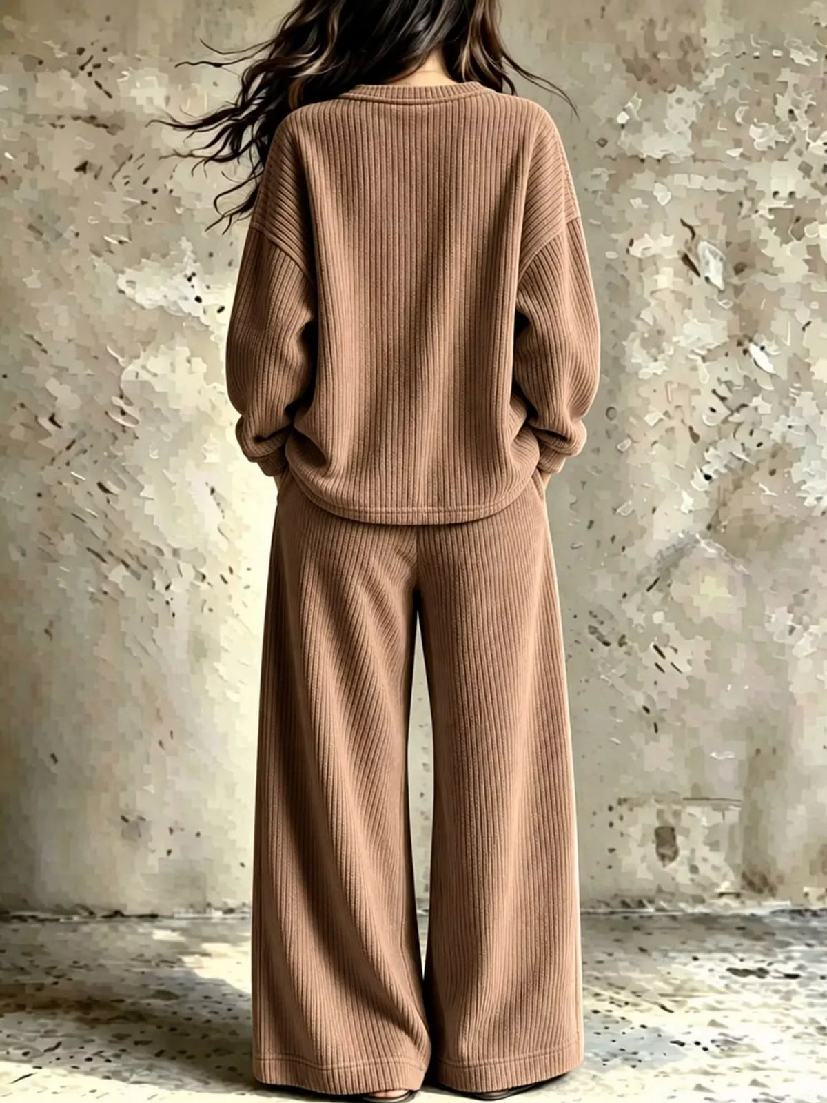 Brown corduroy v-neck top and pants set — back view