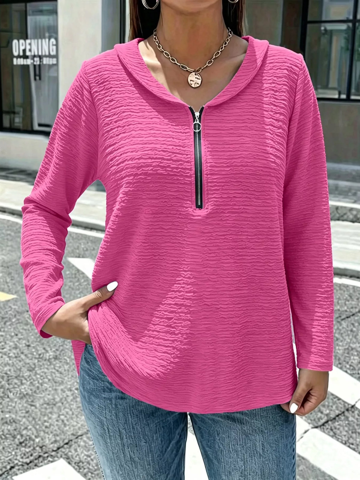 Stand-collar long sleeve blouse, front view on model