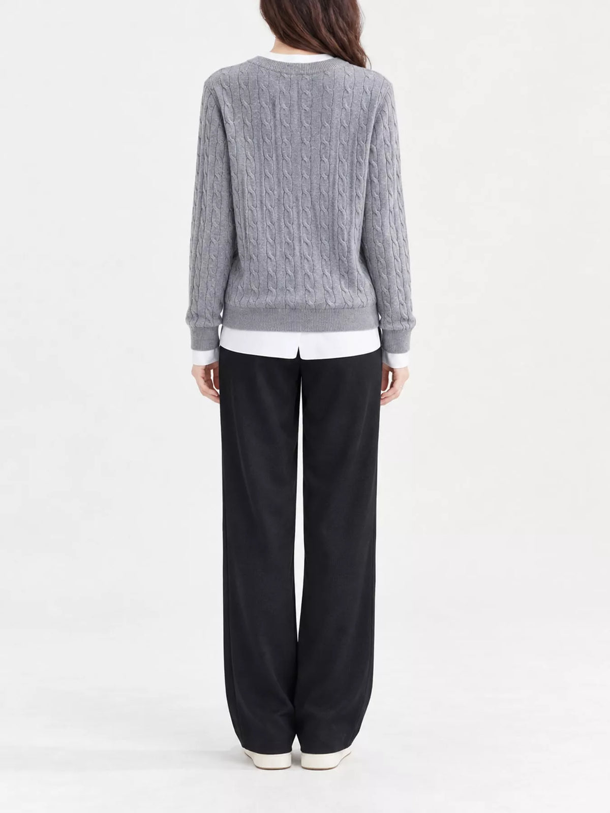 Gray cable-knit button-down cardigan, back view