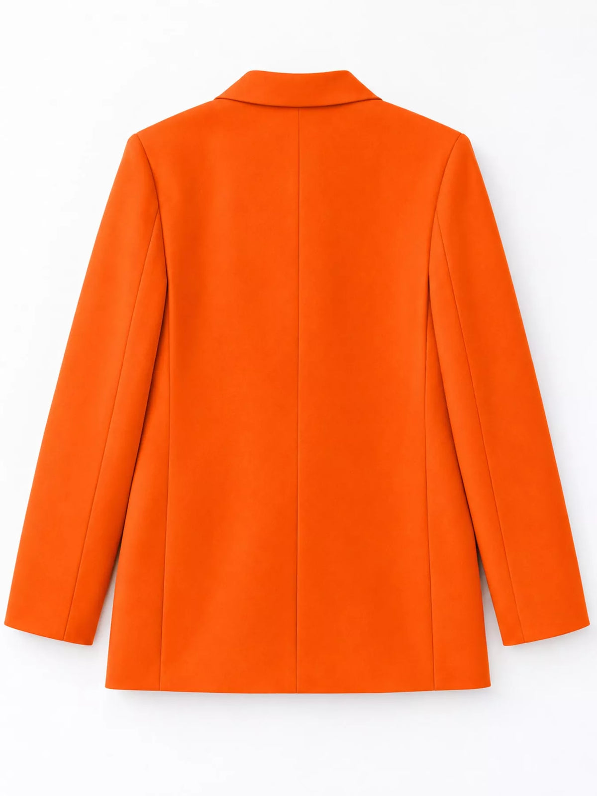 Orange double-breasted lapel collar blazer, back view