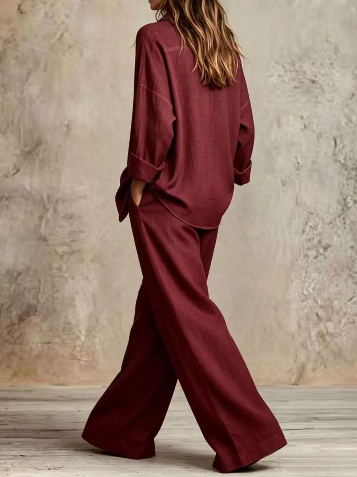 Shirt and pants set, burgundy set back
