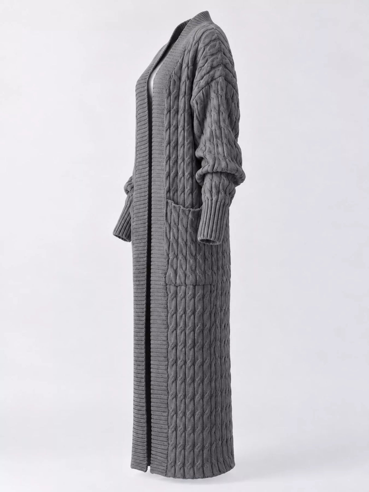 Gray cable-knit longline open-front cardigan