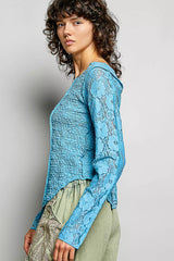 Trendsi POL Round Neck Long Sleeve Exposed Seam Top with Lace Detail -