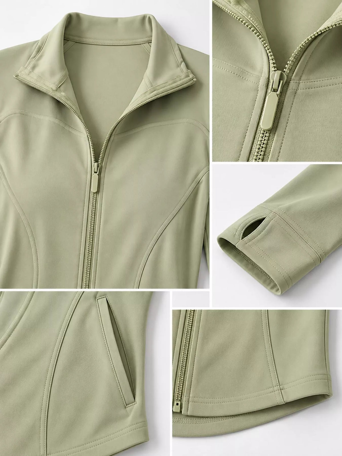Green quick-dry zip-up jacket, collar, zipper, thumbhole cuffs, and hem close-ups