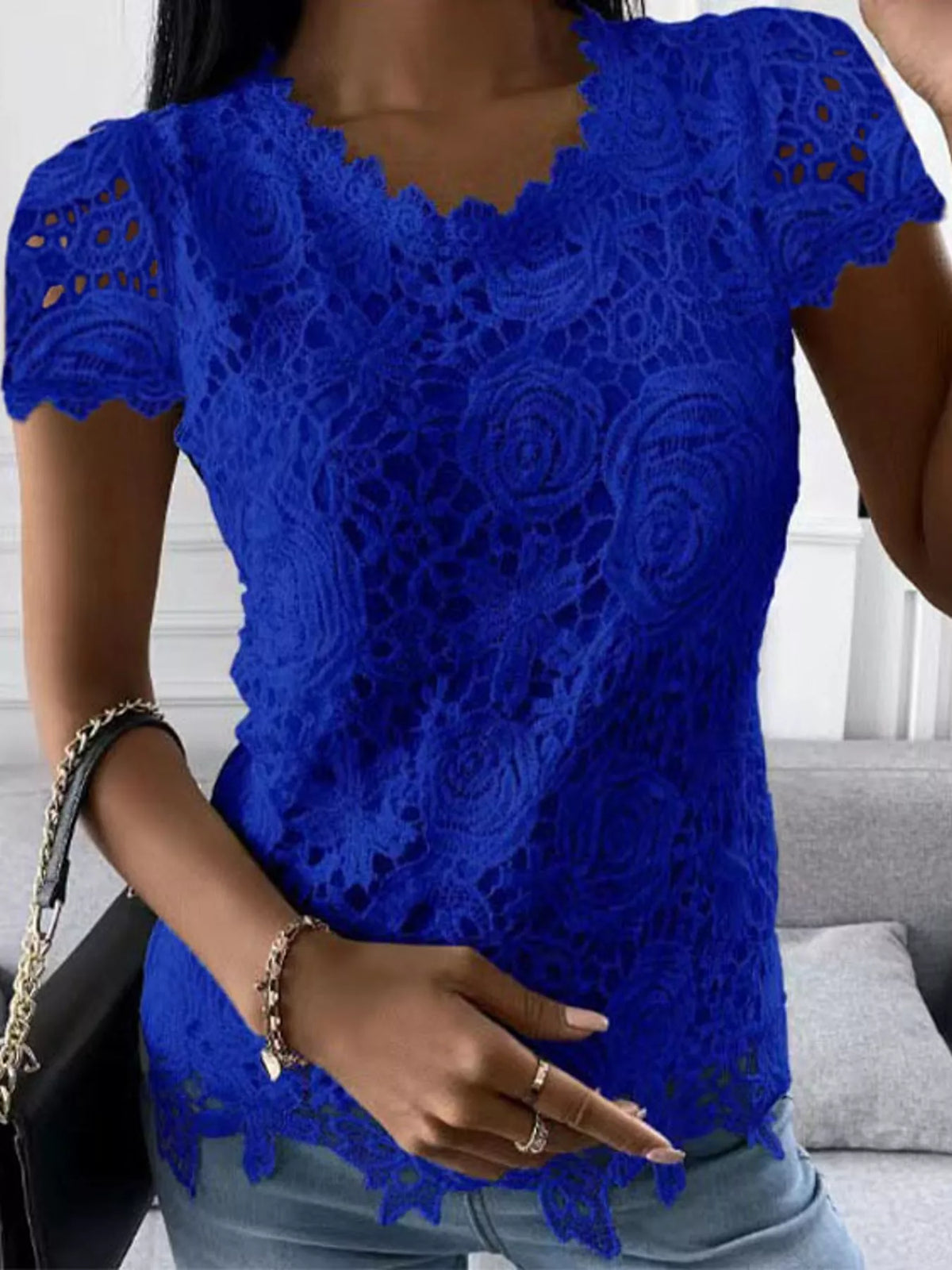 Floral Lace Short Sleeve Blouse, front view