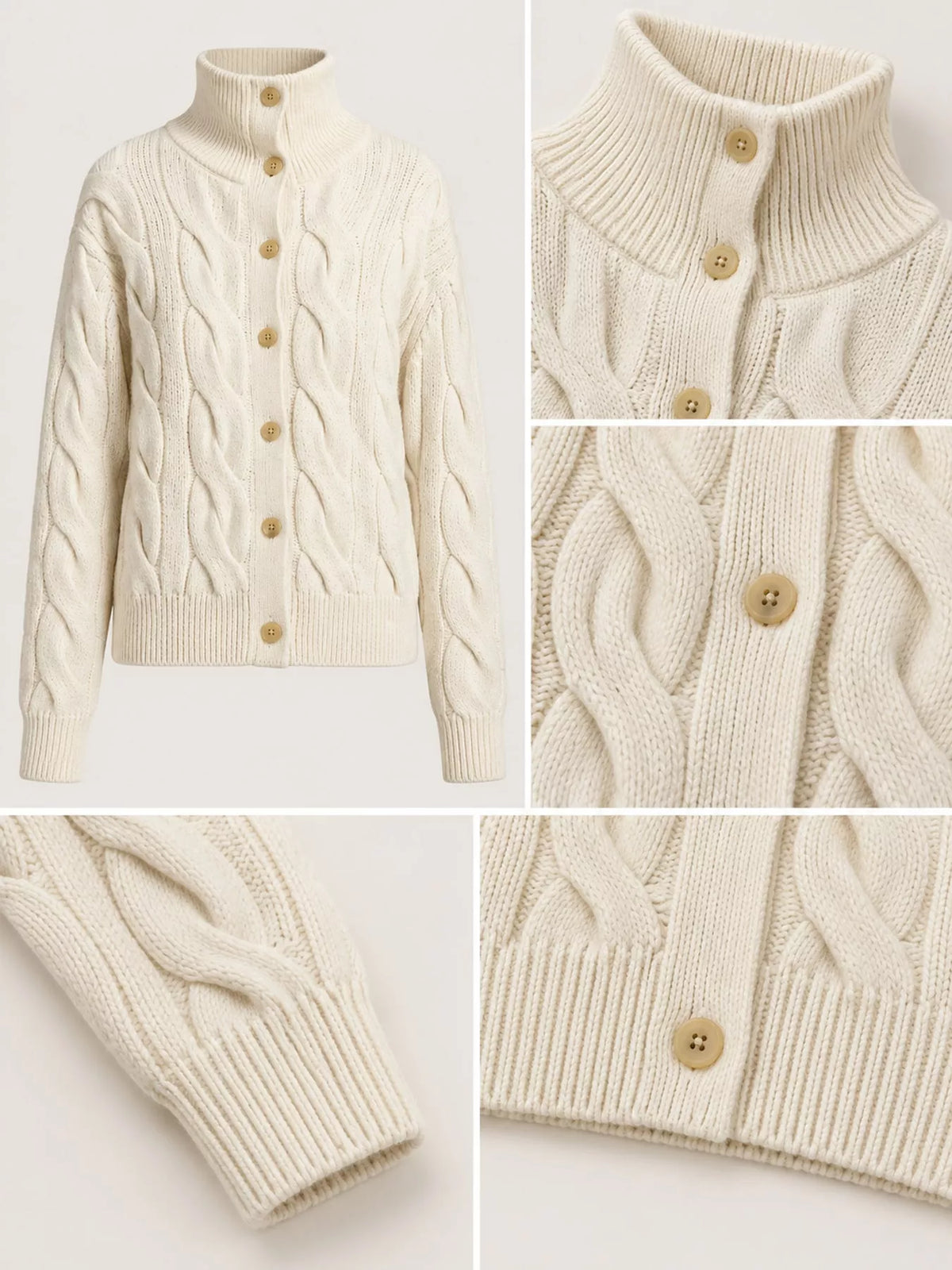Cream cable knit button-up cardigan, mock neckline, buttons, cable knit, and cuff