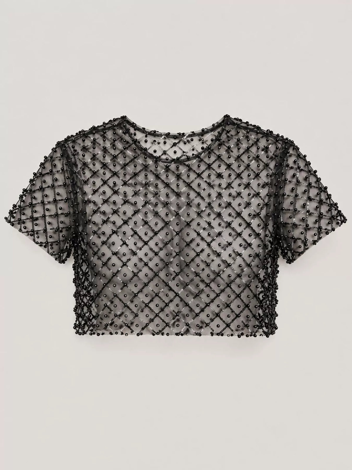 Sheer Mesh Pearl Embellished Crop Blouse in black