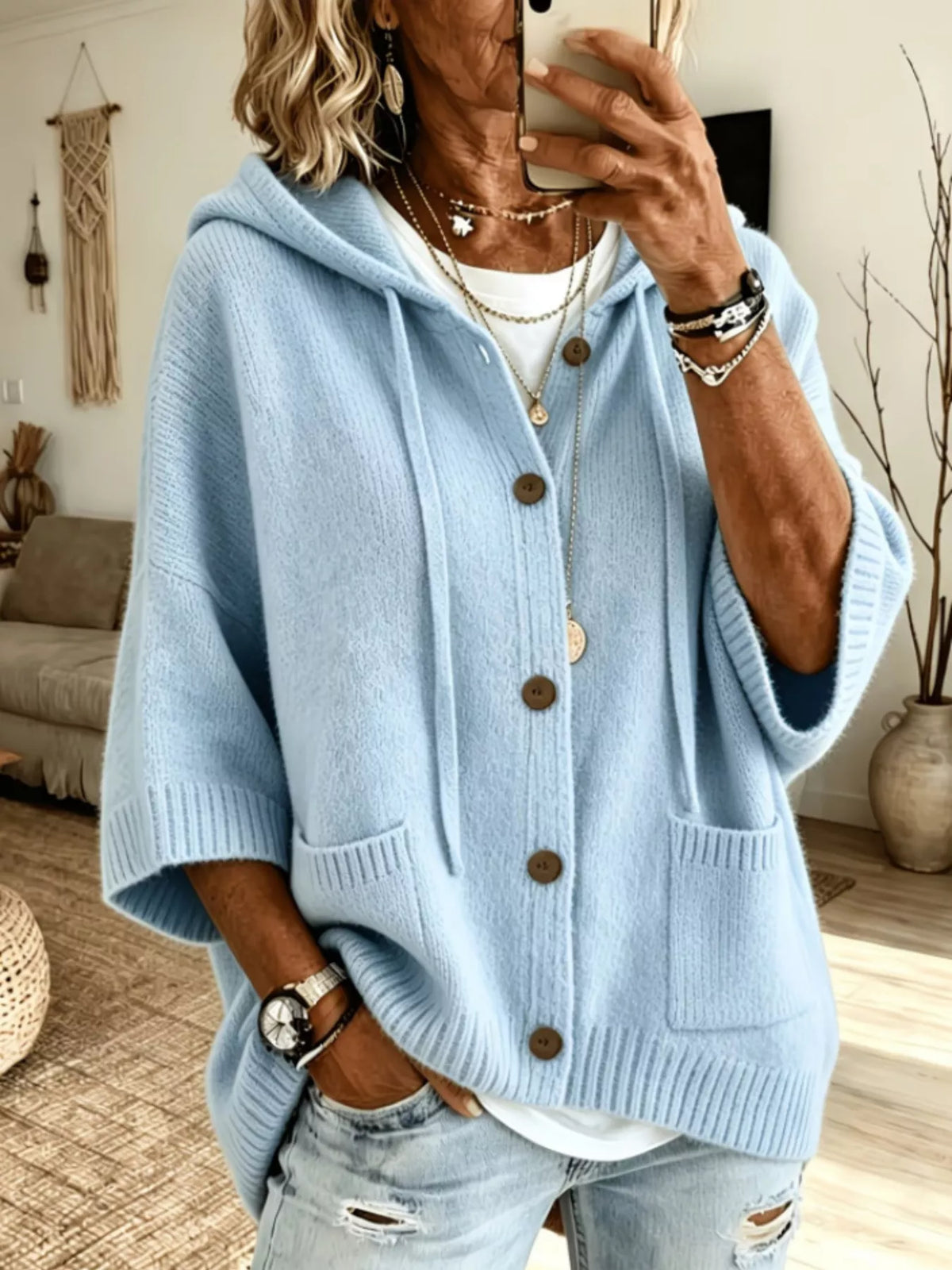 Trendsi Full Size Casual Hooded Button-Down Knit Cardigan with Pockets Plus Size -