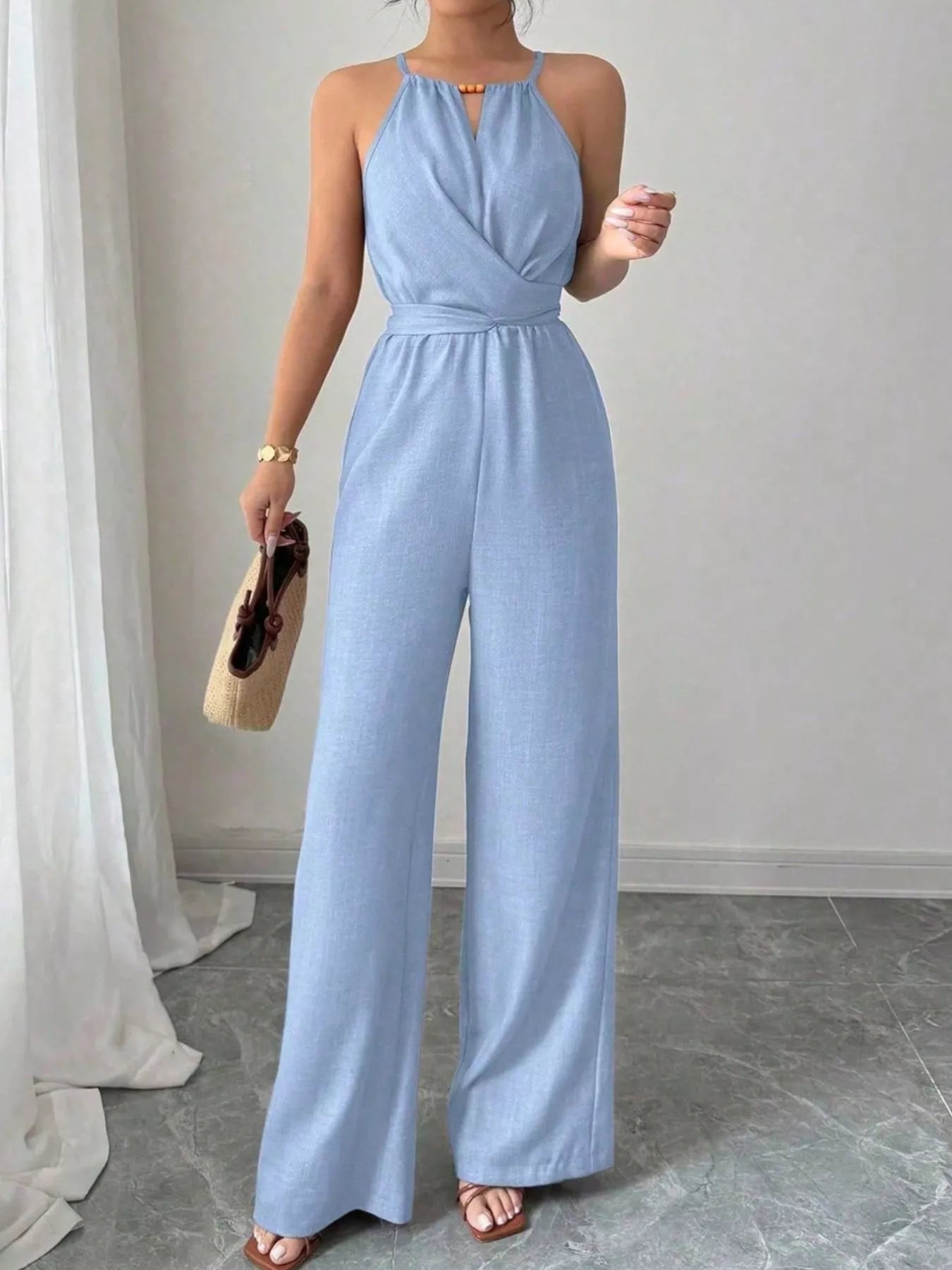 Trendsi Sleeveless Tie Waist Wide-Leg Jumpsuit -