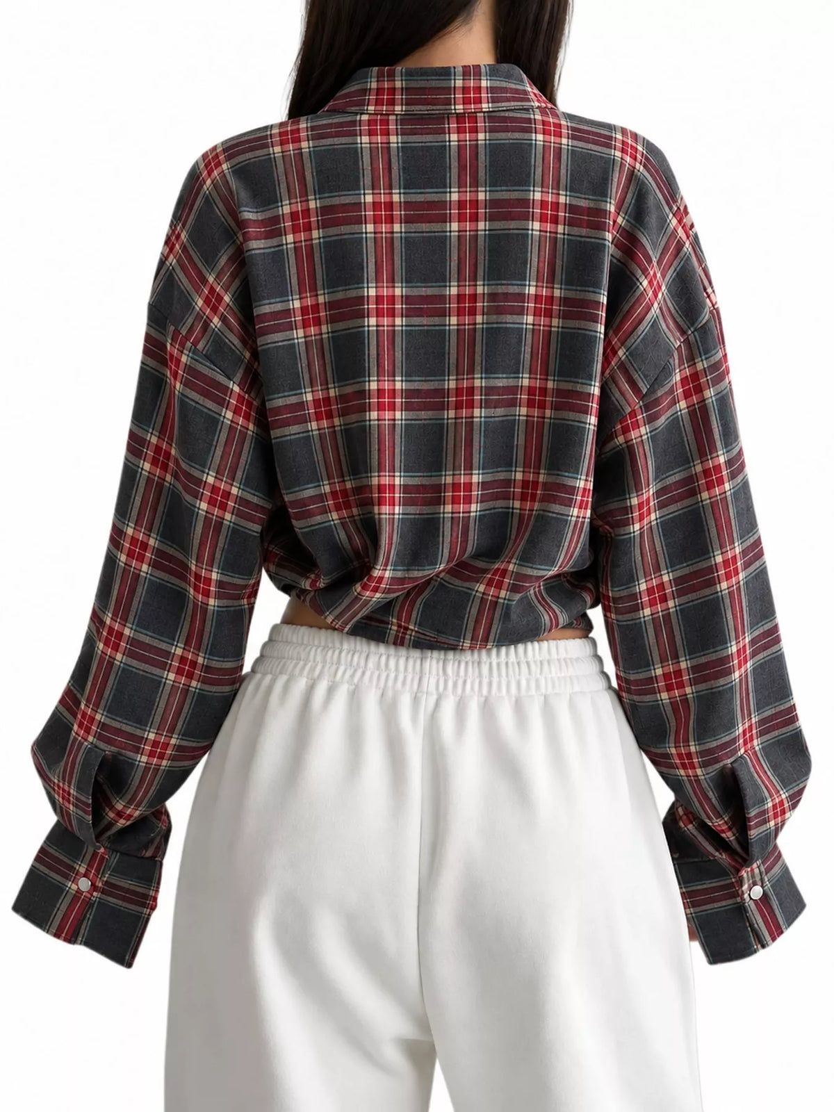 Dark Red plaid button up shirt, back view