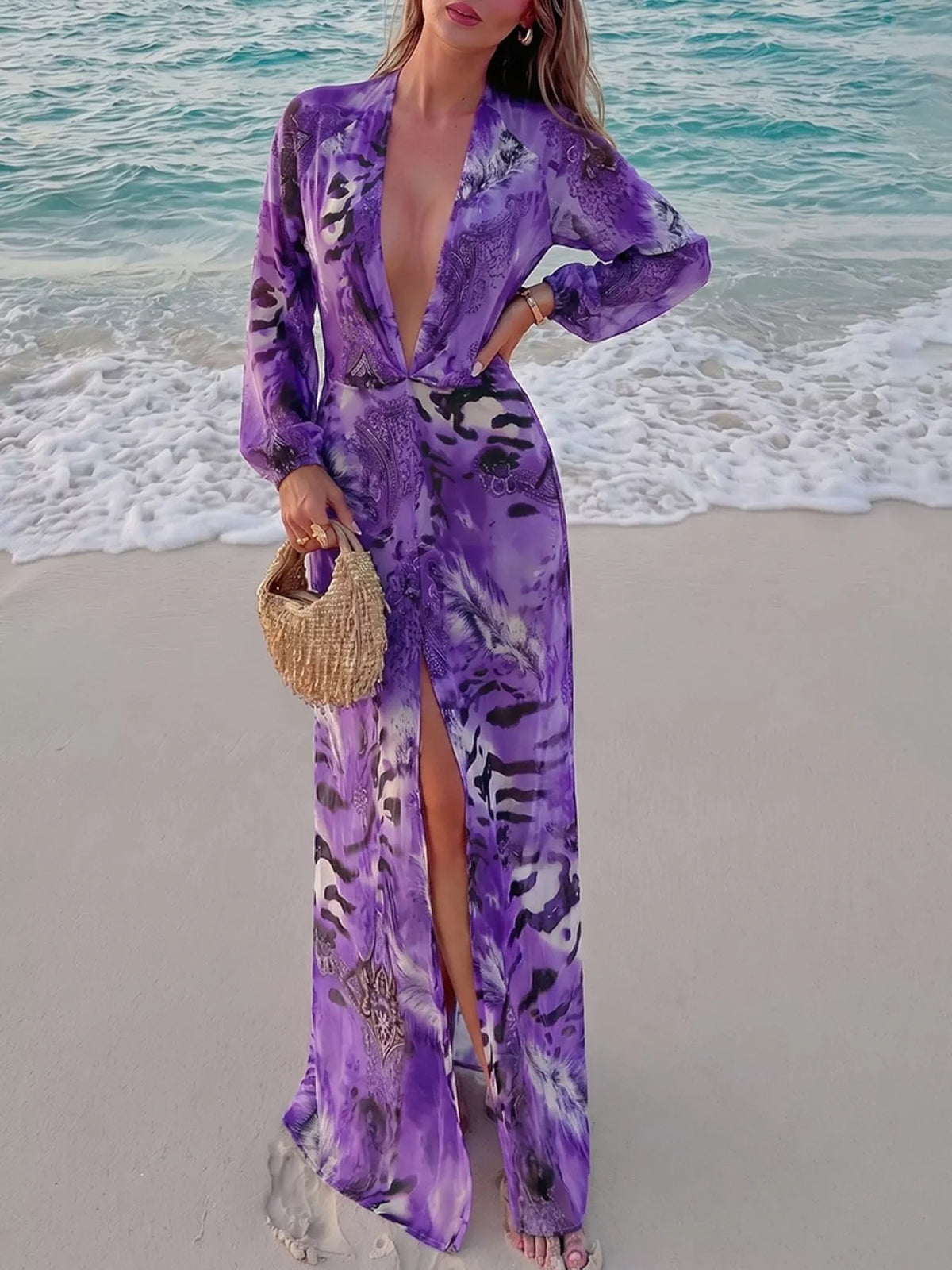 Printed maxi dress, purple front