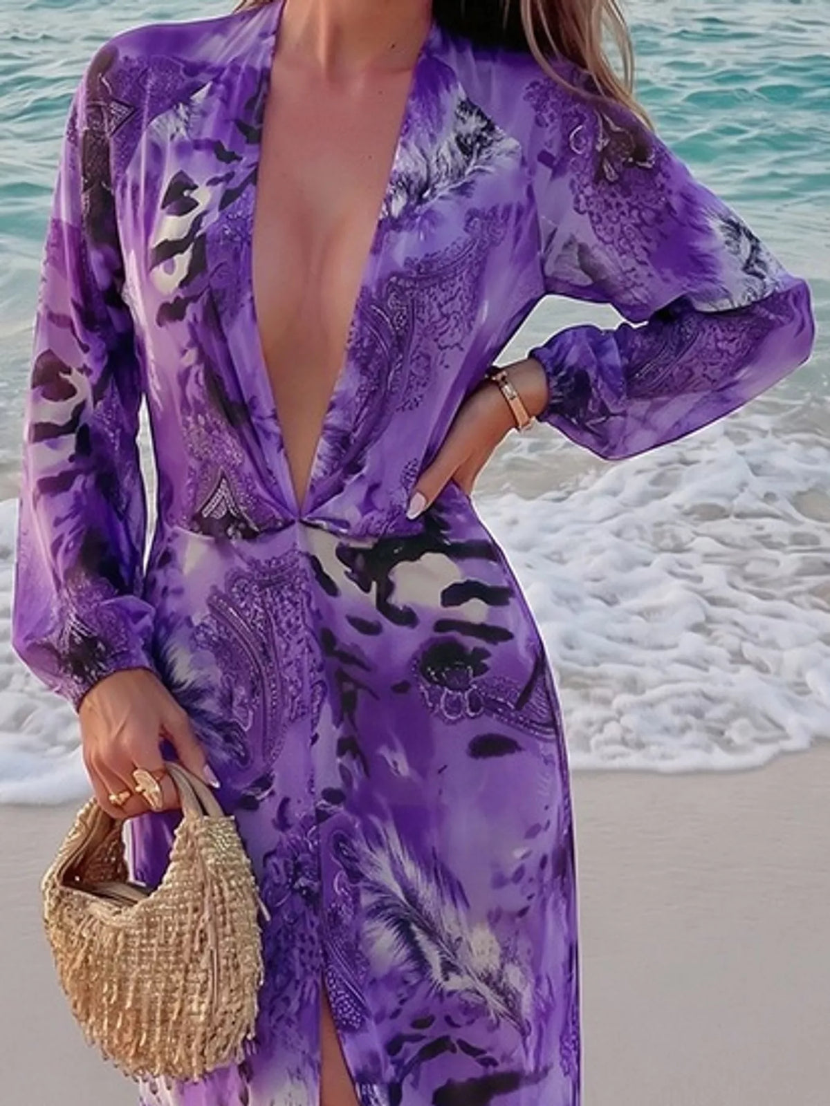 Printed maxi dress, purple neckline detail