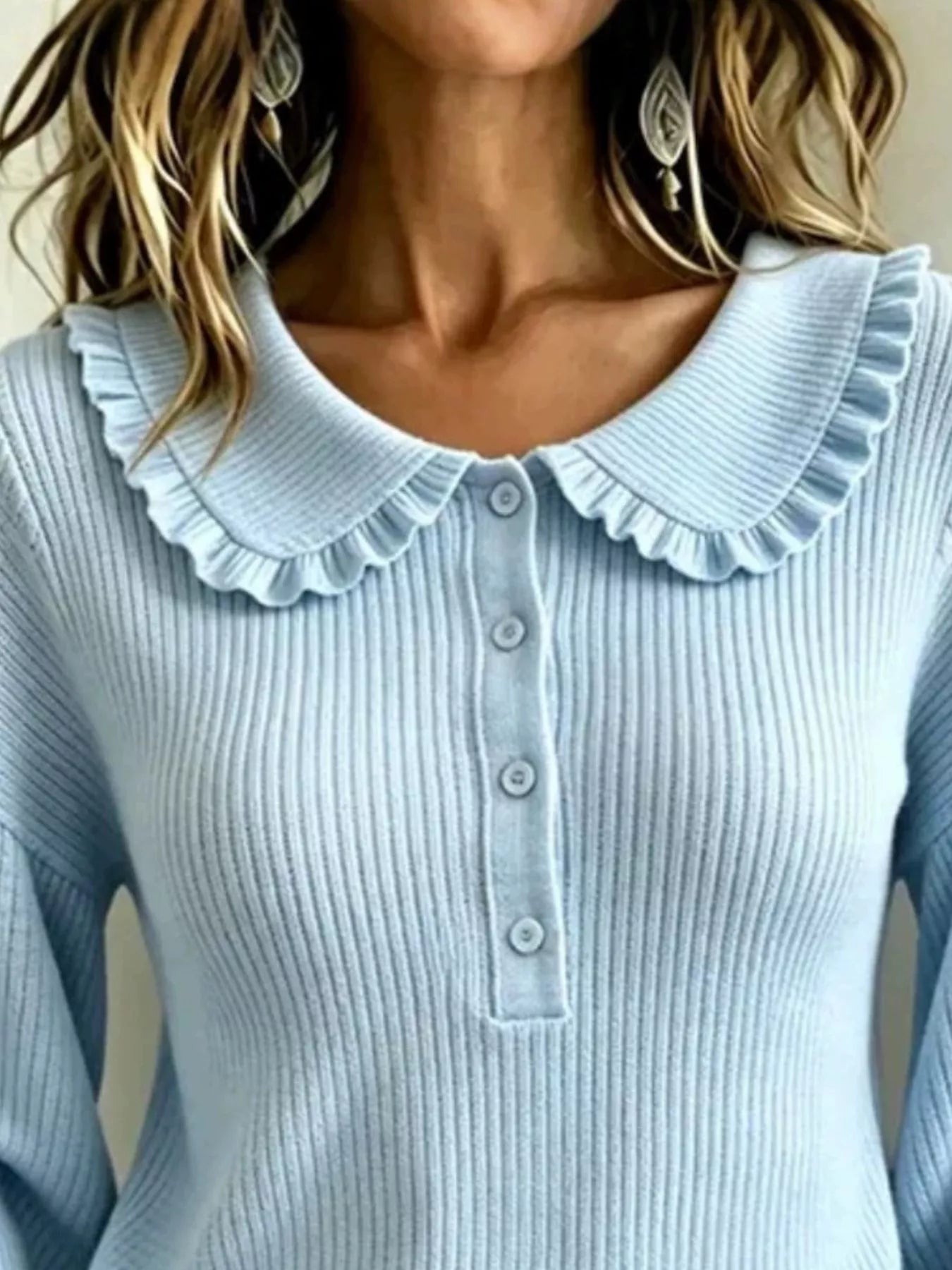 Trendsi Full Size Ruffle Collar Button Detail Sweater Plus Size -
